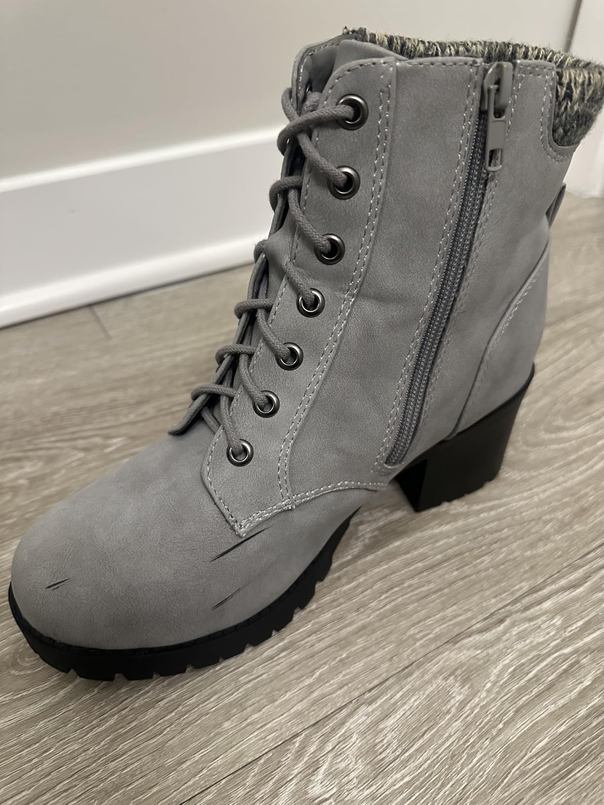 Soda Single Lug Sole Chunky Heel Combat Ankle Boot Lace up w/Side Zipper customer photo 2