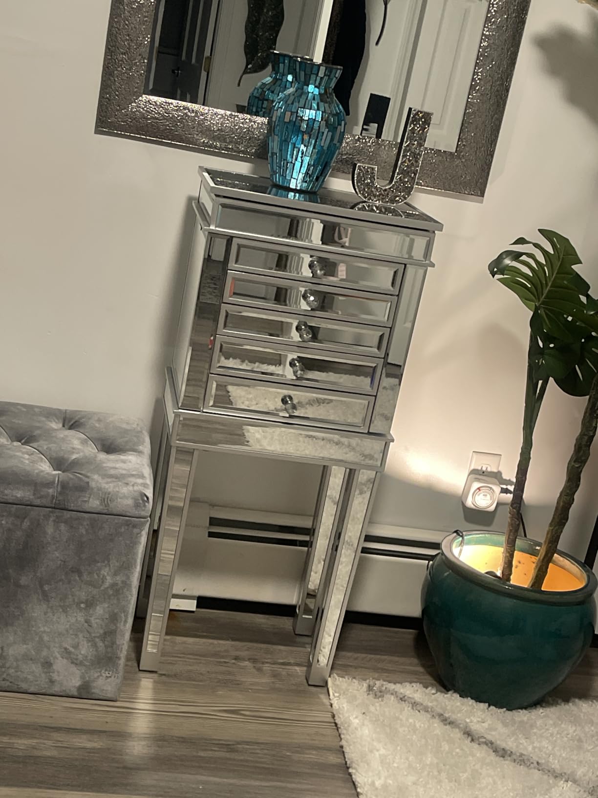 VINGLI Mirrored Jewelry Armoire, Mirror Jewelry Cabinet Standing with 6 Drawers & 2 Side Doors, Jewelry Armoire Cabinet, Standing Jewelry Box, Mirrored Jewelry Chest, Standing Jewelry Box, Silver customer photo 1