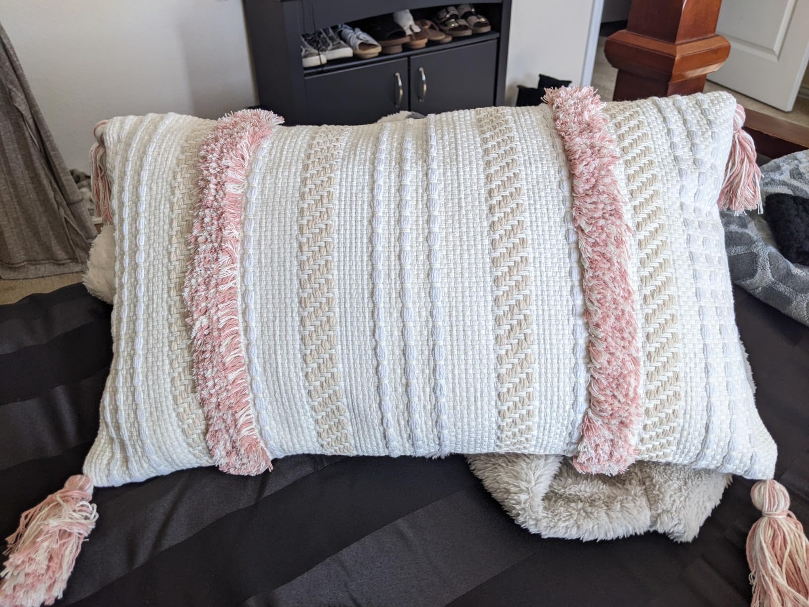 Boho Throw Pillow Covers Tufted Decorative Pillows Cover for Couch Bed Small Lumbar 12 x 20 inch Pillow Cover, Modern Accent Farmhouse Neutral Throw Pillow Case, Pink customer photo 2