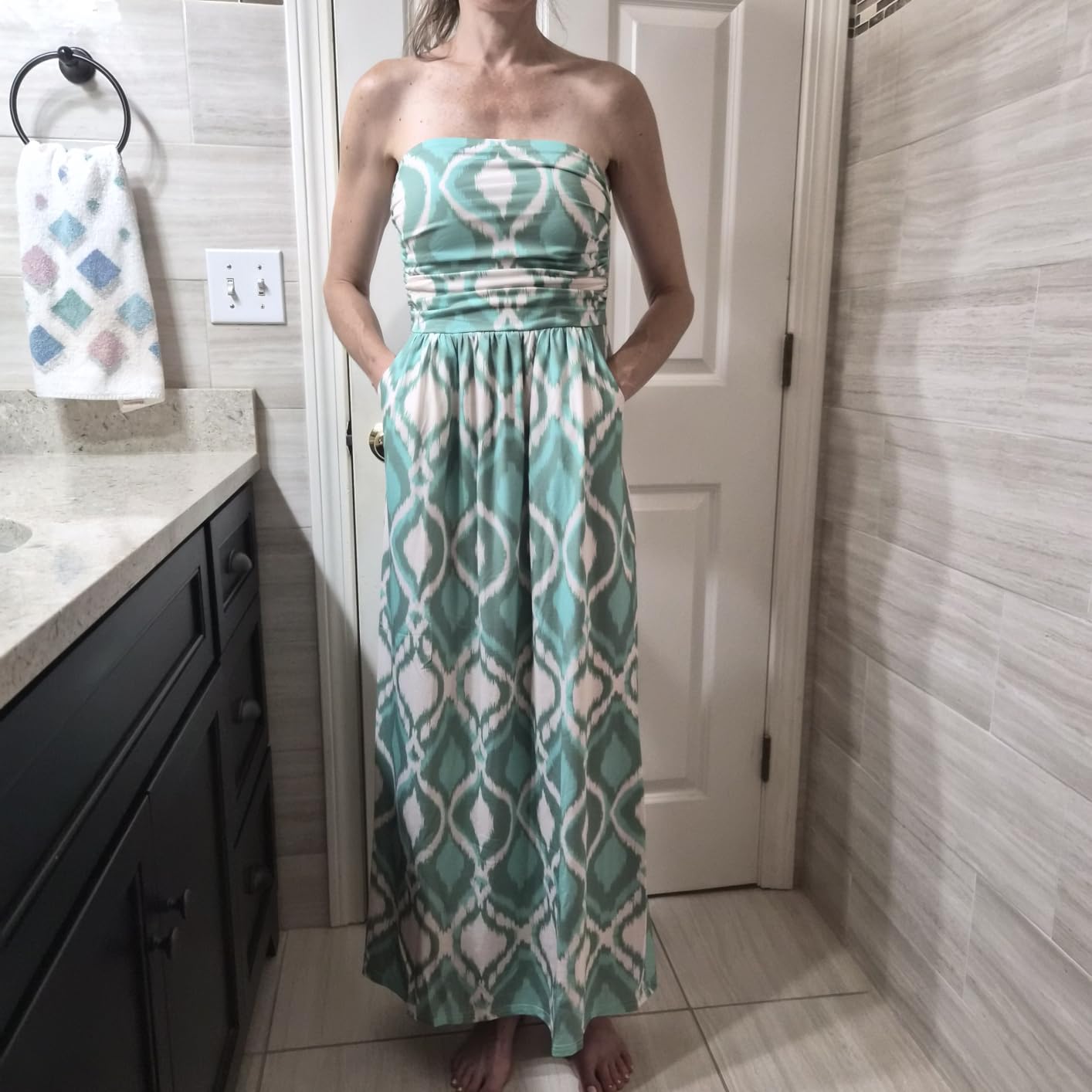 Women Strapless Dress Casual Loose Ruched Long Maxi Dress with Pockets customer photo 1