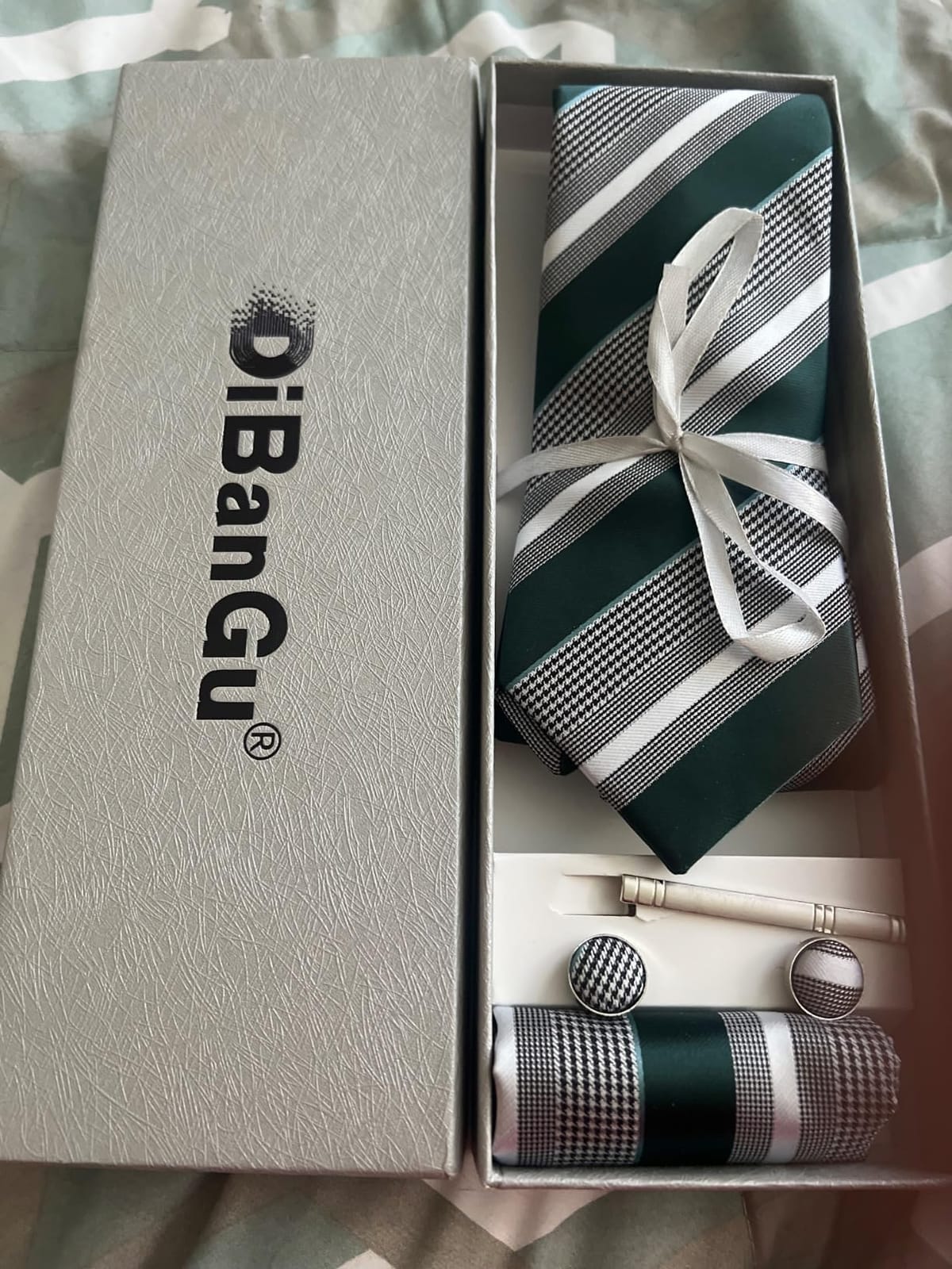 DiBanGu Mens Striped Tie Silk Woven Necktie and Pocket Square Cufflinks Tie Clip Set Wedding Business Formal Gift Tie for Men customer photo 2