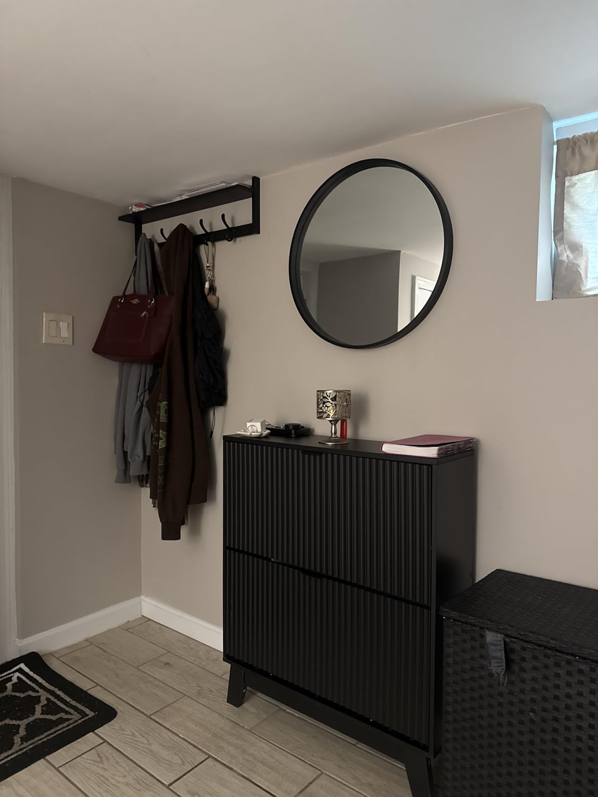 WallBeyond Wood Round Mirror with Wood Frame 24 inch Circle Wall Mirror for Bathroom Round Wall Mirror for Wall Decor, Vanity, Entryway Living Room (Walnut) customer photo 1