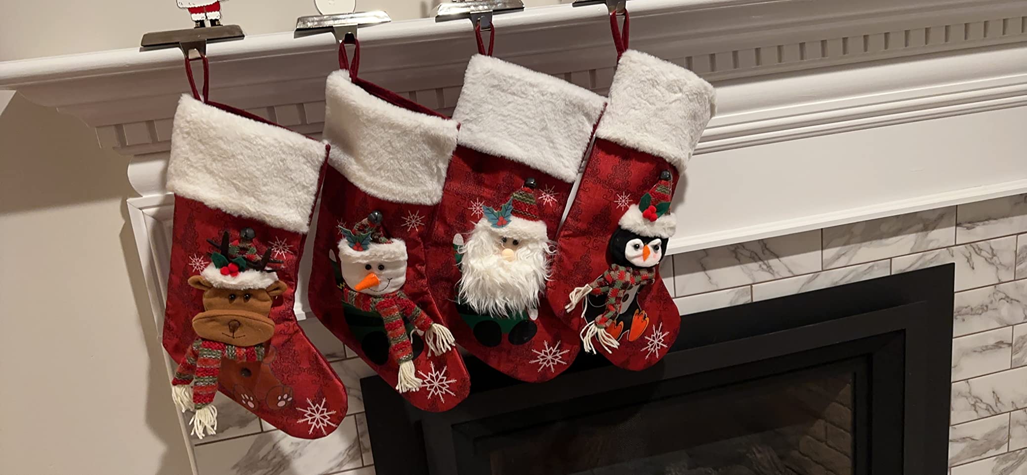 COOLWUFAN 4 Pack Christmas Stockings 19'' Xmas Stockings for Home Decor | Snowflake Santa Snowman Reindeer Penguin and Plush Faux Fur Cuff Stockings for Stairs Fireplace Hanging customer photo 1