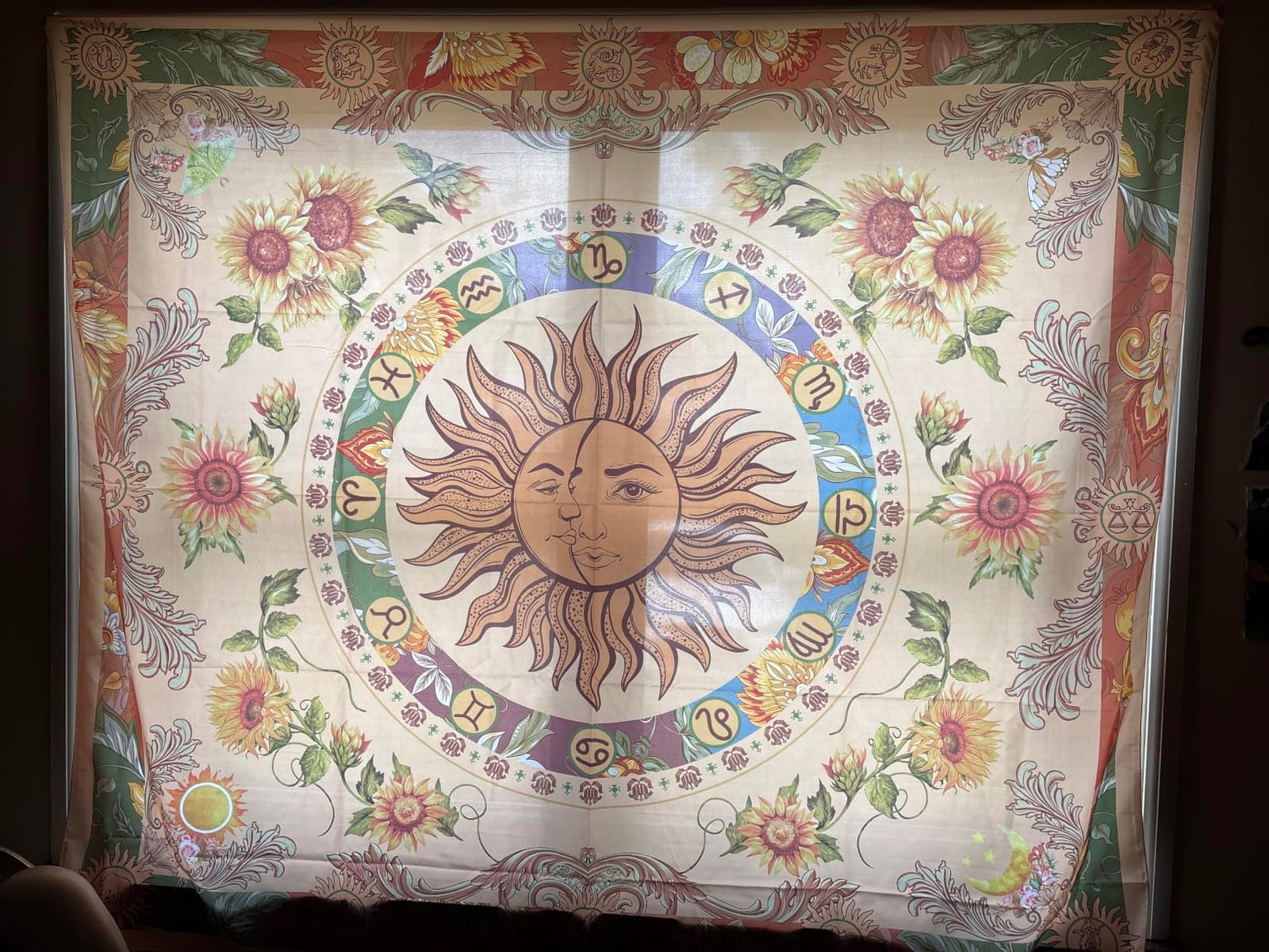 Accnicc Yellow Sun and Moon Tapestry Vintage Indie Boho Tapestry Wall Hanging with Sunflowers Butterfly Moth Constellation Aesthetic Wall Tapestries for Bedroom Dorm Living Room (Orange, 48'' × 36'') customer photo 1