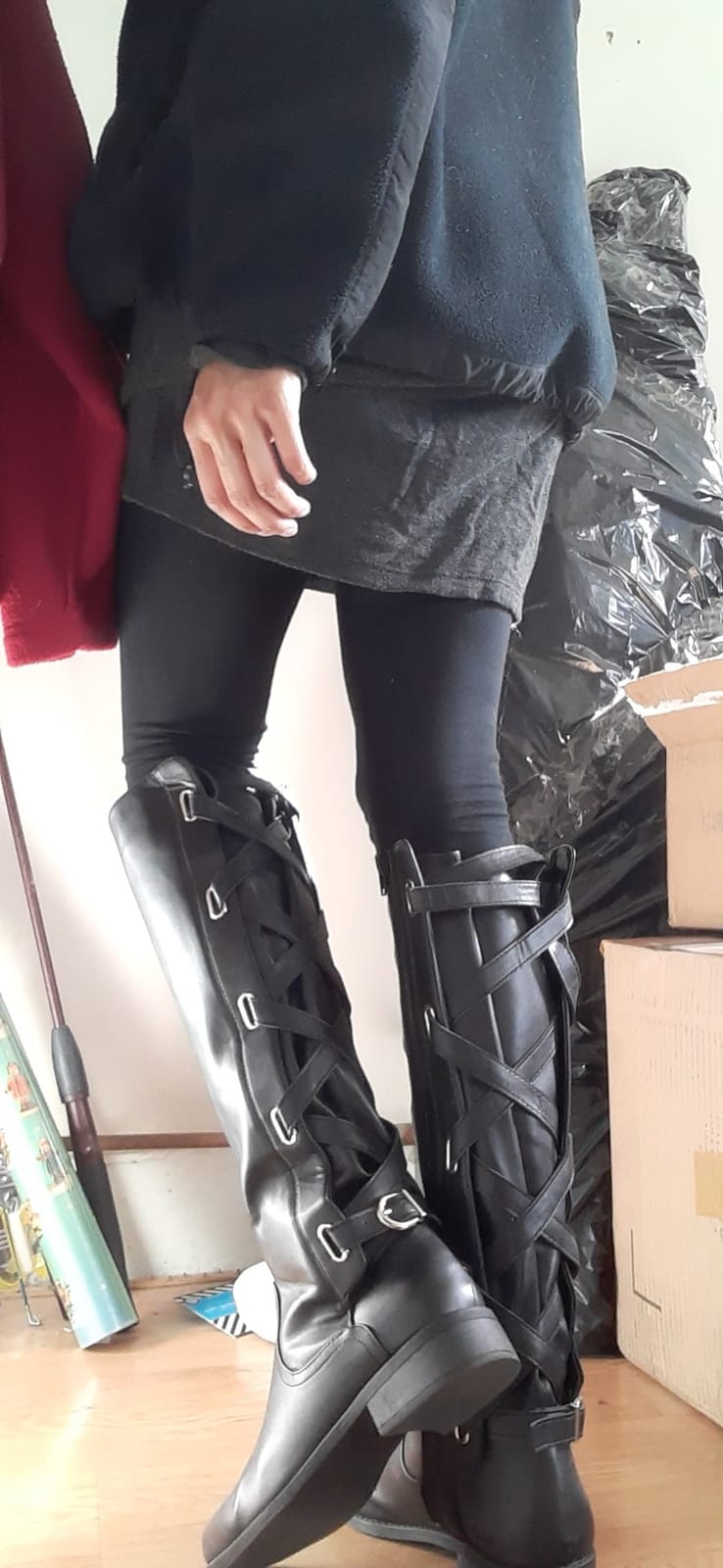 Coutgo Womens Lace Up Knee High Boots Motorcycle Riding Flat Low Heels Strappy Winter Combat Boots customer photo 1