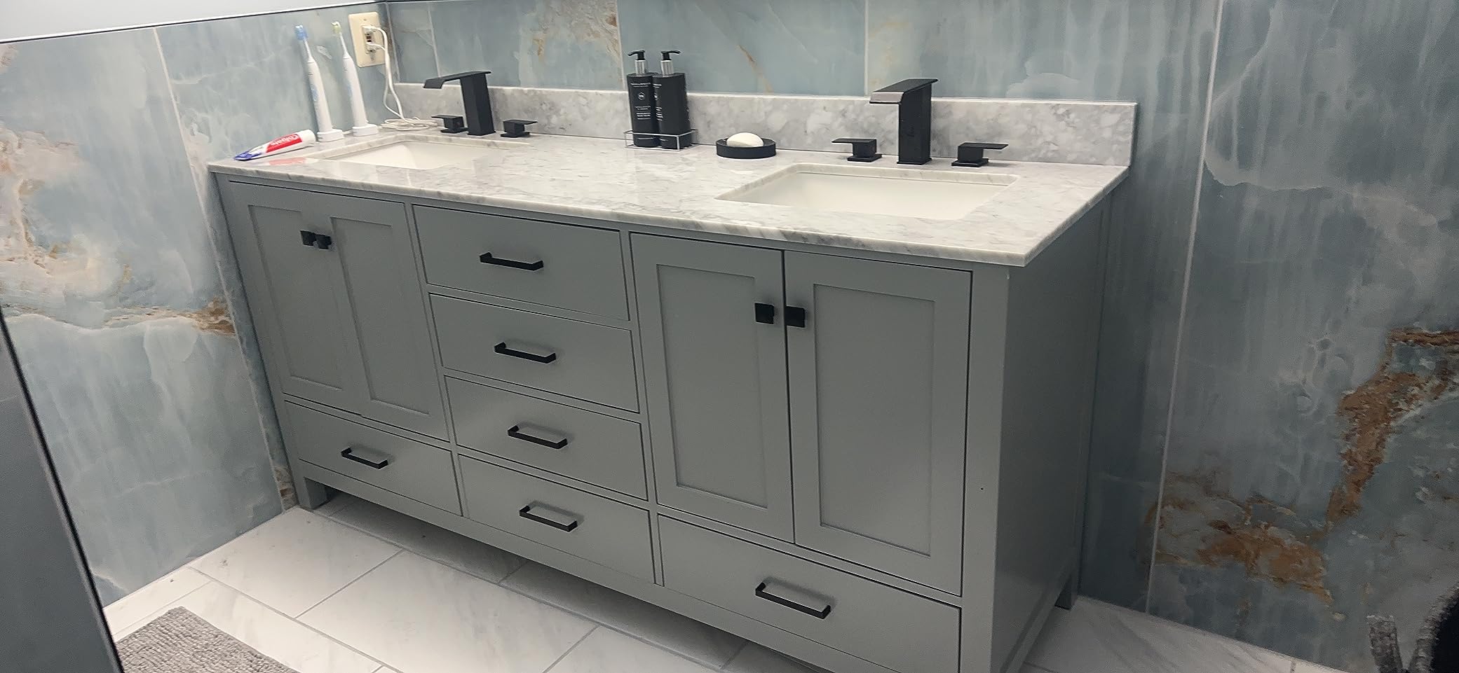 ARIEL Cambridge 72-inch Bathroom Vanity with Sink, Solid Wood, 0.75-inch Italian Carrara Marble Countertop, Double Rectangular Porcelain Sink, 4 Soft Closing Doors, 6 Dovetail Drawers, Grey customer photo 1