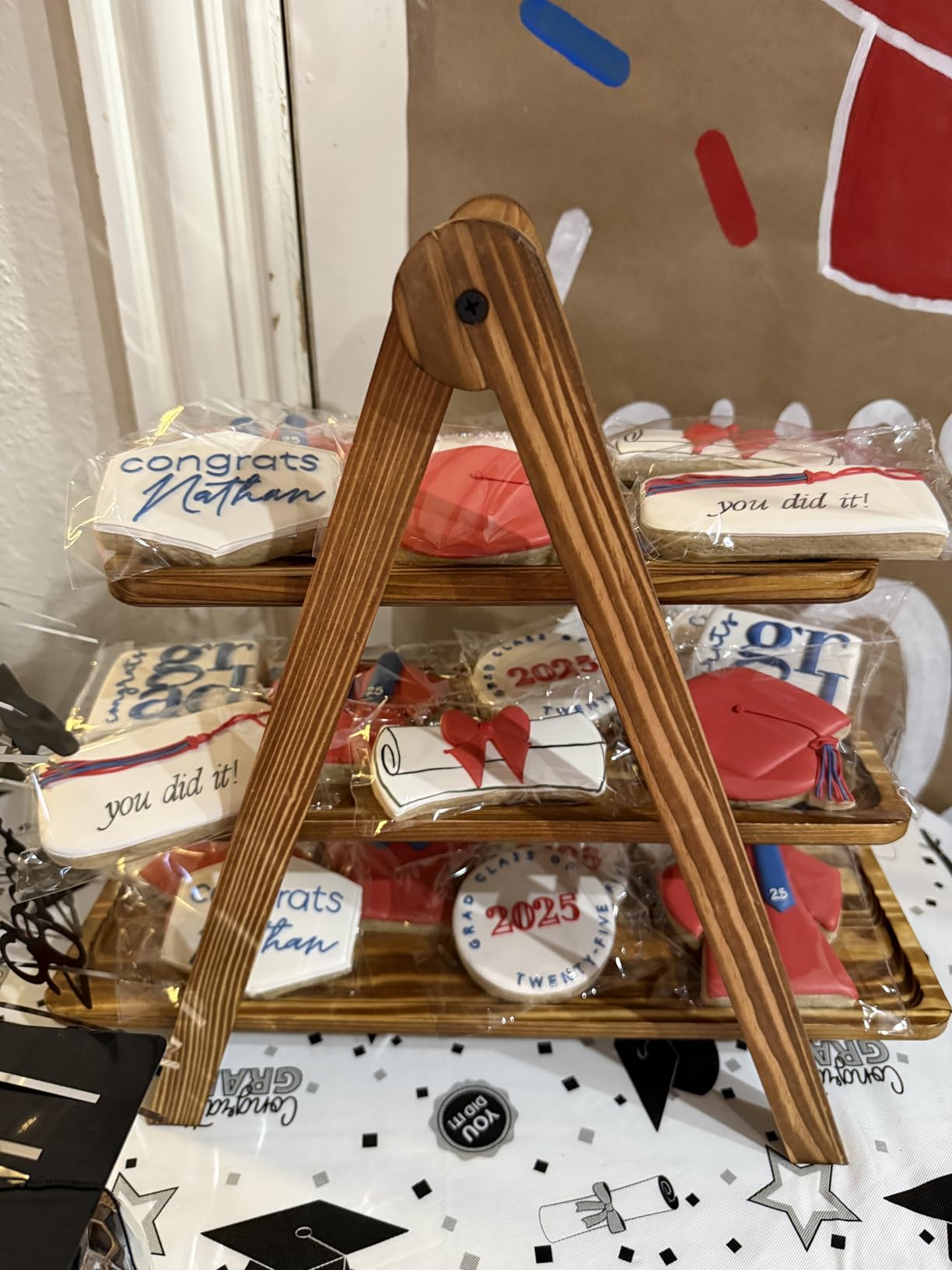 Manspdier Wood 3 Tier Serving Tray Three Tiered Cupcake Stand, Rectangle Serving Platter Wooden Farmhouse Tiered Tray, Party Serving Brown Decorative Tray Decor customer photo 1