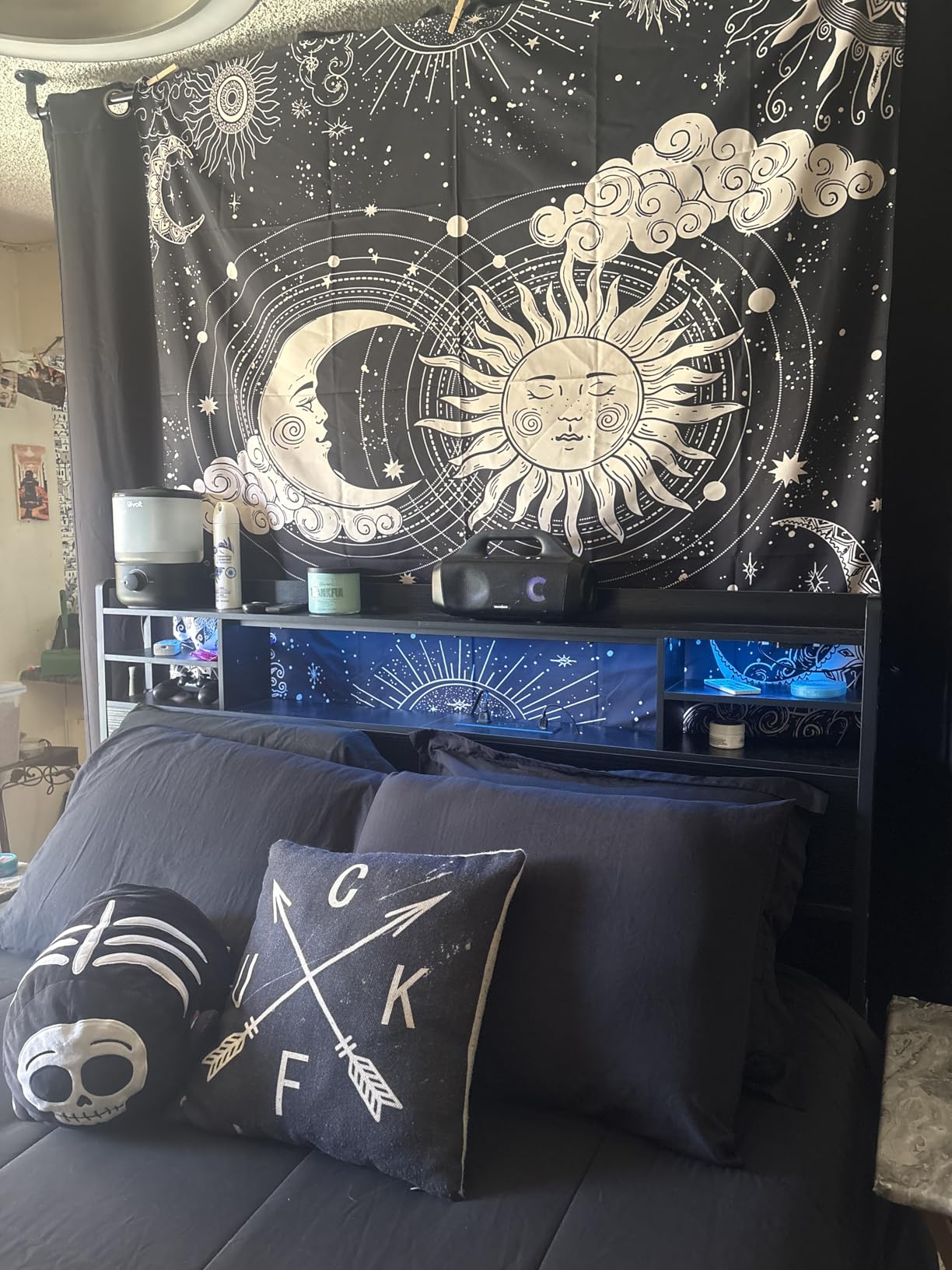 Wonrizon Sun and Moon Tapestry, Aesthetic Black Dark Spiritual Tapestries Mystic Burning Sun with Clouds Star Wall Hanging decor for Bedroom (51.2