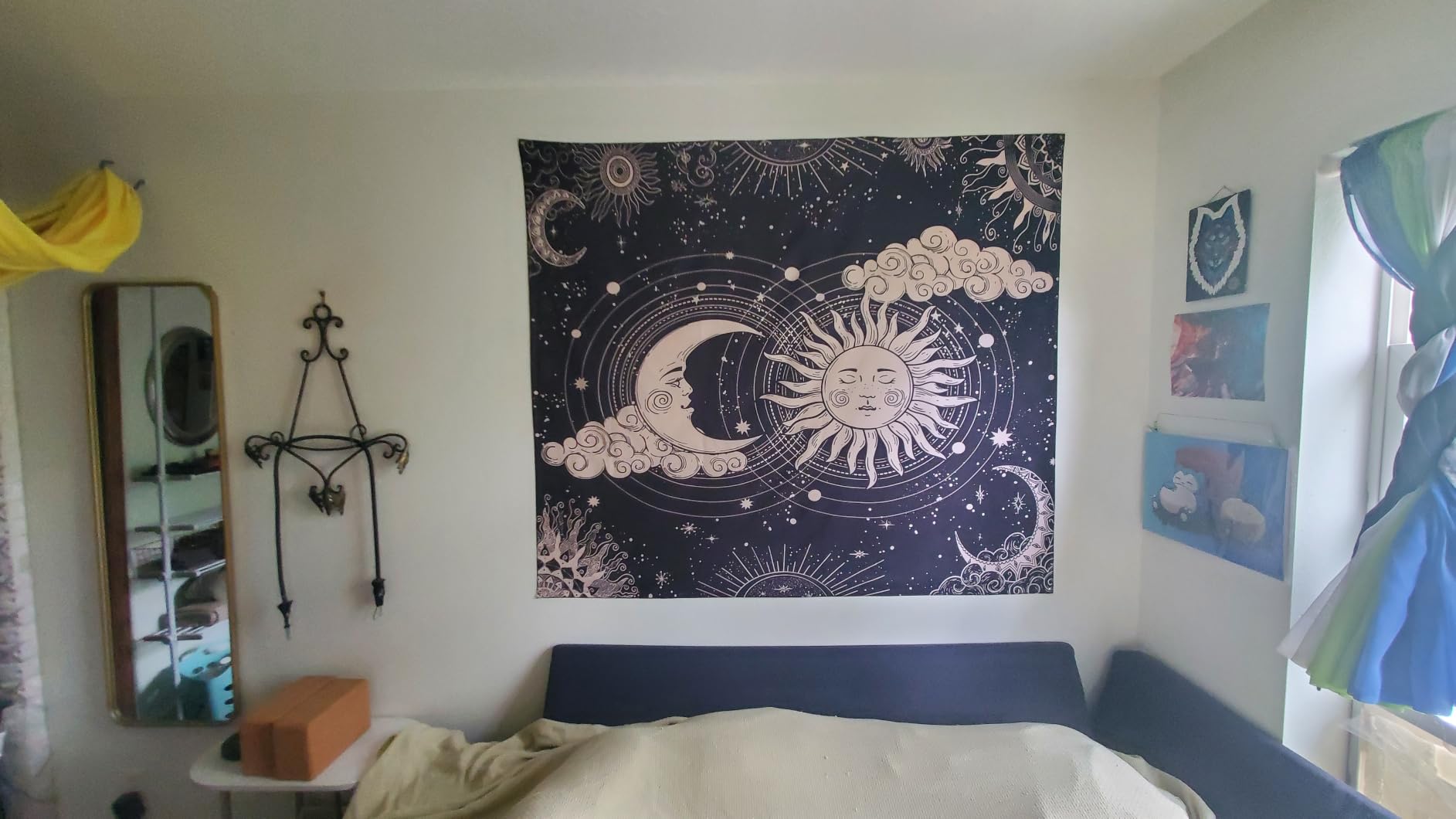 Wonrizon Sun and Moon Tapestry, Aesthetic Black Dark Spiritual Tapestries Mystic Burning Sun with Clouds Star Wall Hanging decor for Bedroom (51.2