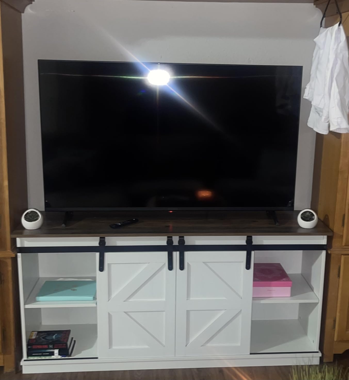 JUMMICO TV Stand for 65 Inch TV, Entertainment Center with Storage Cabinets and Sliding Barn Doors, Mid Century Modern Media TV Console Table for Living Room Bedroom (Rustic Oak) customer photo 1