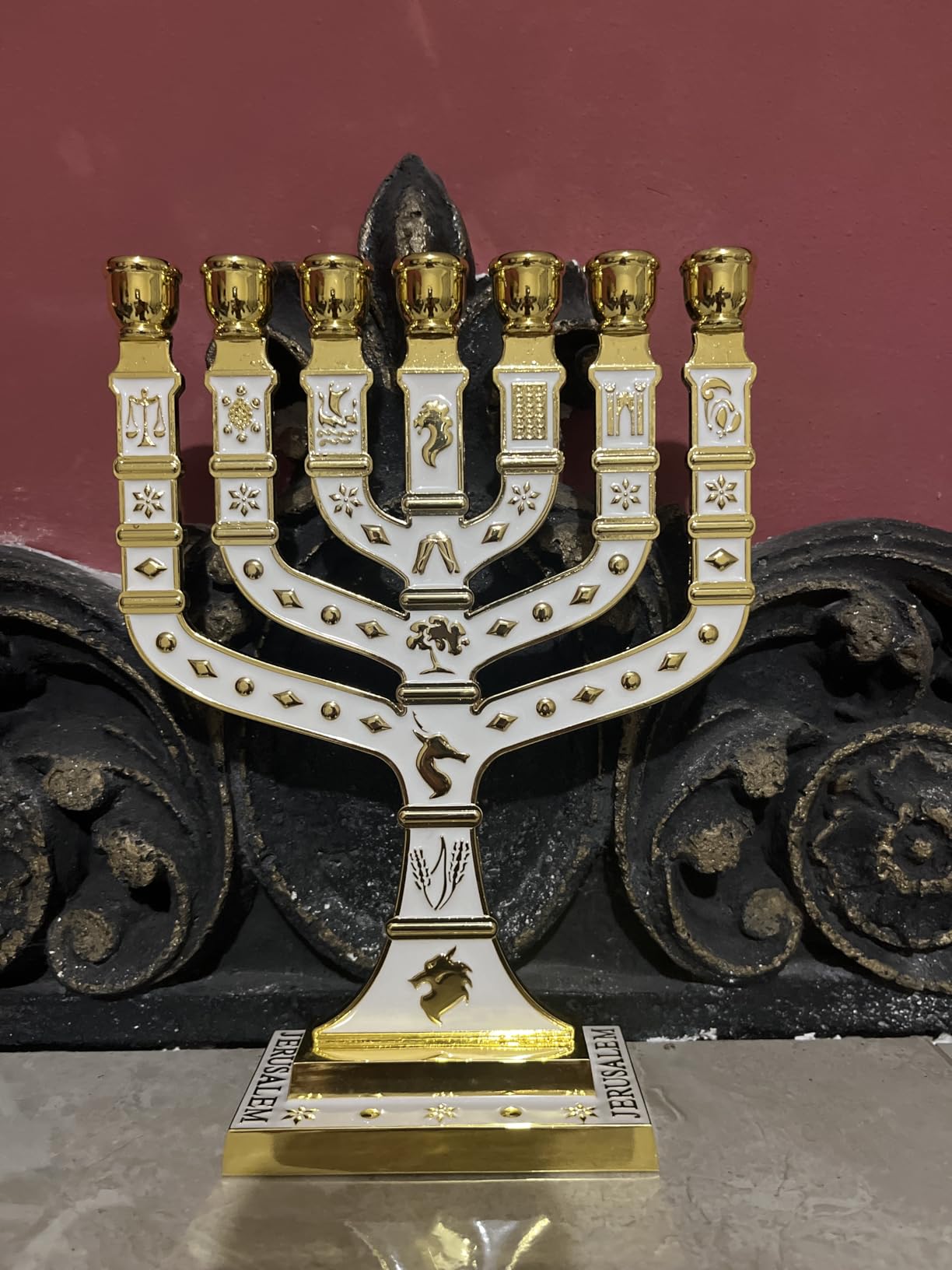 Jerusalem 7 Branch Traditional Menorah Enamel Finish, with 12 Tribes of Israel, Jewish Candle Holders (10.8 inch) customer photo 2