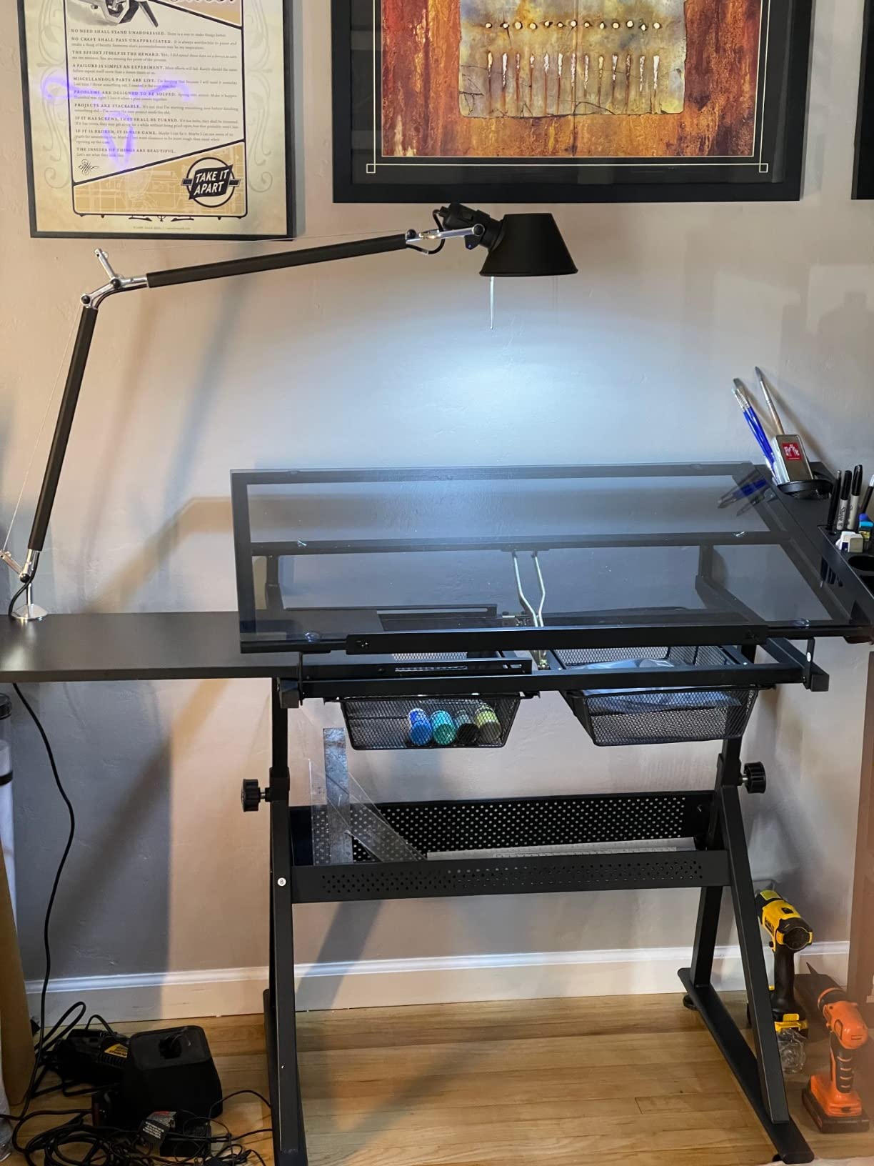 Glass Drafting Table Art Desk - Adjustable Professhional Artwork Drawing Drafting Table Desk, Glass-Topped Art Table for Craft Station Studio Home Office School w/Drawers (Black) customer photo 1