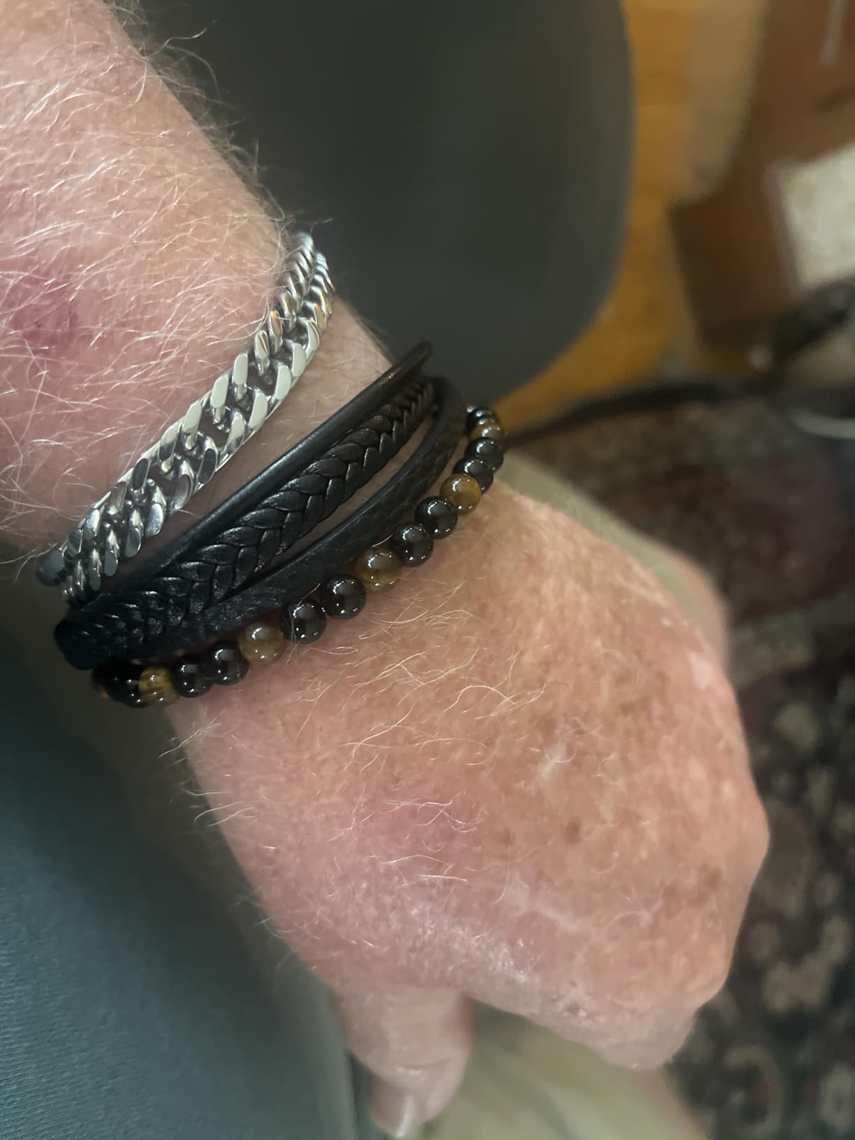 LONDON Mens Bracelet Leather Black Multi-Layer Stone Beads Adjustable Steel Clasp Viking Rope Bands Surfer Man Wristband Male UK Jewellery Gift box Boyfriend Dad Son Brother Tiger Eye customer photo 1