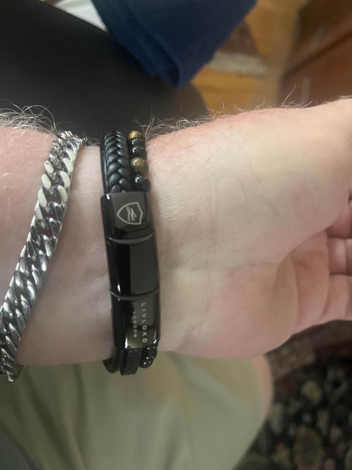 LONDON Mens Bracelet Leather Black Multi-Layer Stone Beads Adjustable Steel Clasp Viking Rope Bands Surfer Man Wristband Male UK Jewellery Gift box Boyfriend Dad Son Brother Tiger Eye customer photo 2