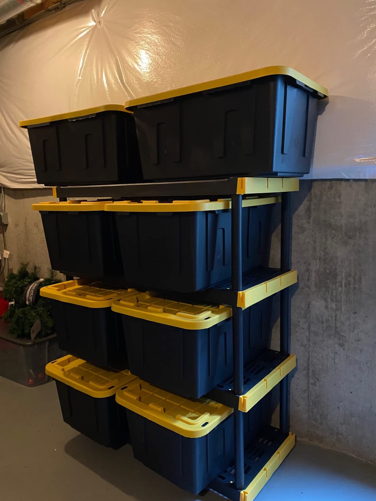 CX Heavy Duty 4-Tier Garage Storage Shelves + 8-pack 27-Gallon Bins & Lids | Garage organizing system with 4-tier shelf + 8 plastic 27-gal totes, 200 lbs/shelf, 50.1H x 48W x 20D, Black & Yellow customer photo 1