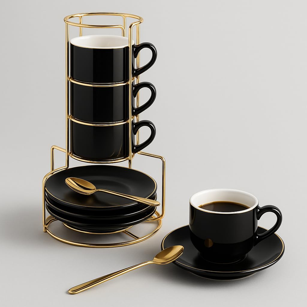 Lareina Porcelain 3-Ounce Espresso Cups Set of 6, Small Stackable Coffee Cups with Saucers, Spoons and Metal Stand - Ceramic Demitasse Mugs, Double Shots Expresso Cup, Matte Black customer photo 2