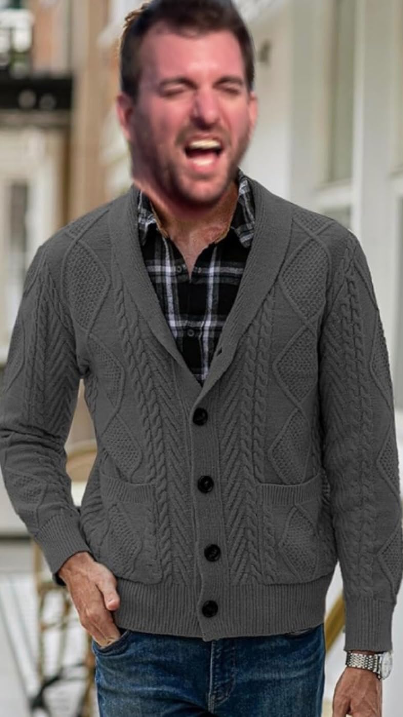 Mens Wool Blend Shawl Collar Cable Knit Cardigan Sweater customer photo 2