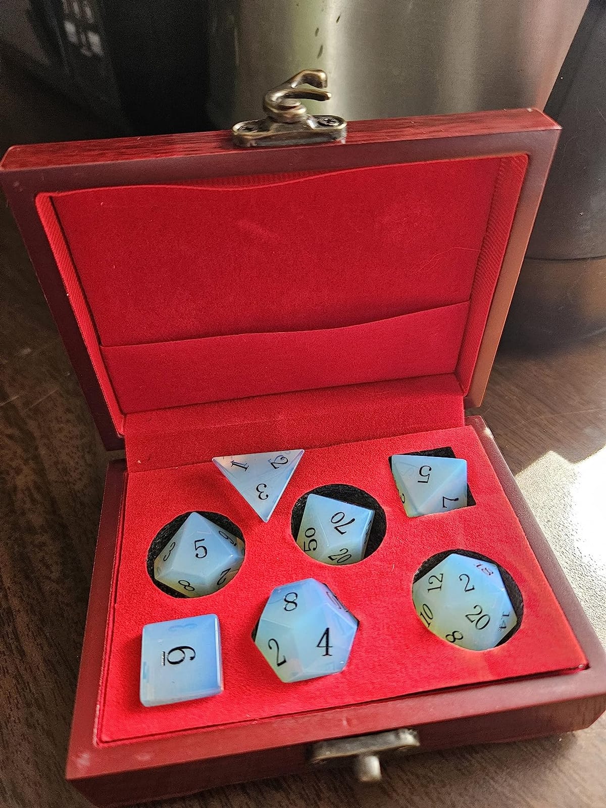 Haxtec Moonstone Dice Labradorite Gemstone Polyhedral DND Dice Set | Natural Stone, Metal Dice Case, Compatible with Dungeons and Dragons, Role Playing Board Games, D&D Gifts, Black customer photo 1