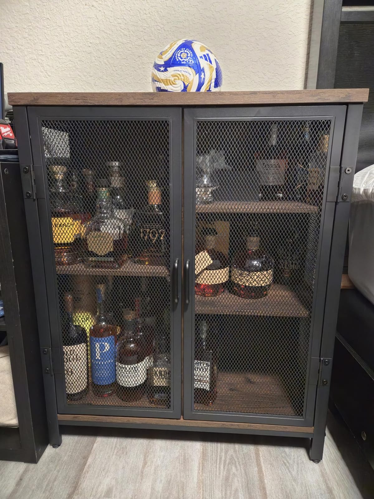 BON AUGURE Coffee Bar Cabinet for Liquor, Small Storage Cabinet, Rustic Oak | 2 Doors, Industrail Alcohol Cabinet, Adjustable Shelves, Farmhouse Sideboard Buffet for Home Kitchen, Dining, Living Room customer photo 1