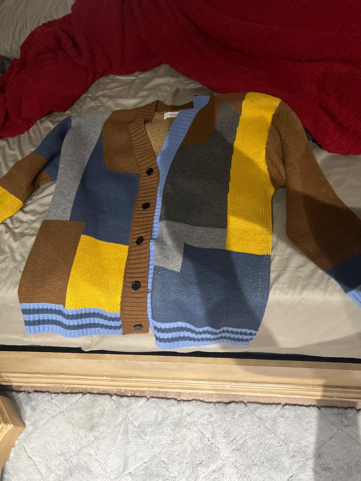 Men's Colorblock Cardigan Sweater Thick Knit Button Front Vintage customer photo 2