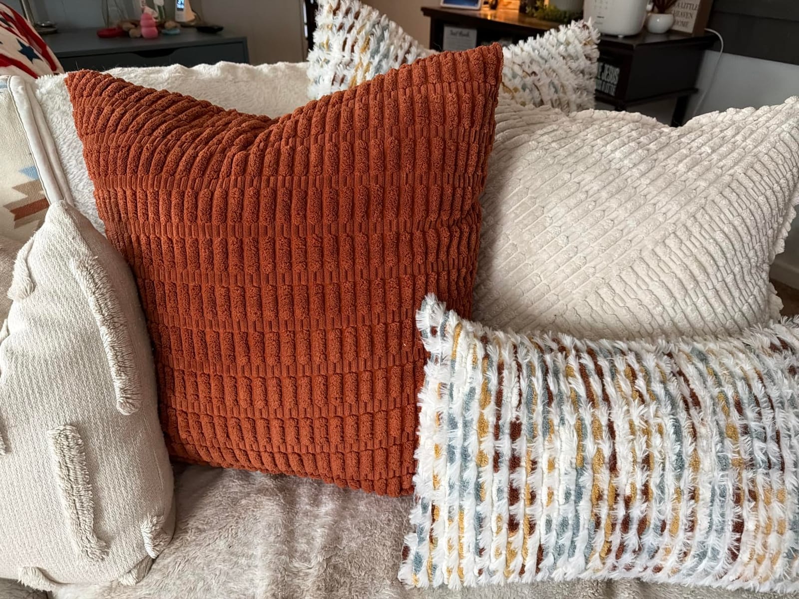 MIULEE Corduroy Decorative Throw Pillow Covers 18x18 Cream White Pack of 2 | Soft Boho Striped Pillow Covers Modern Farmhouse Home Decor For Sofa Living Room Couch Bed customer photo 1