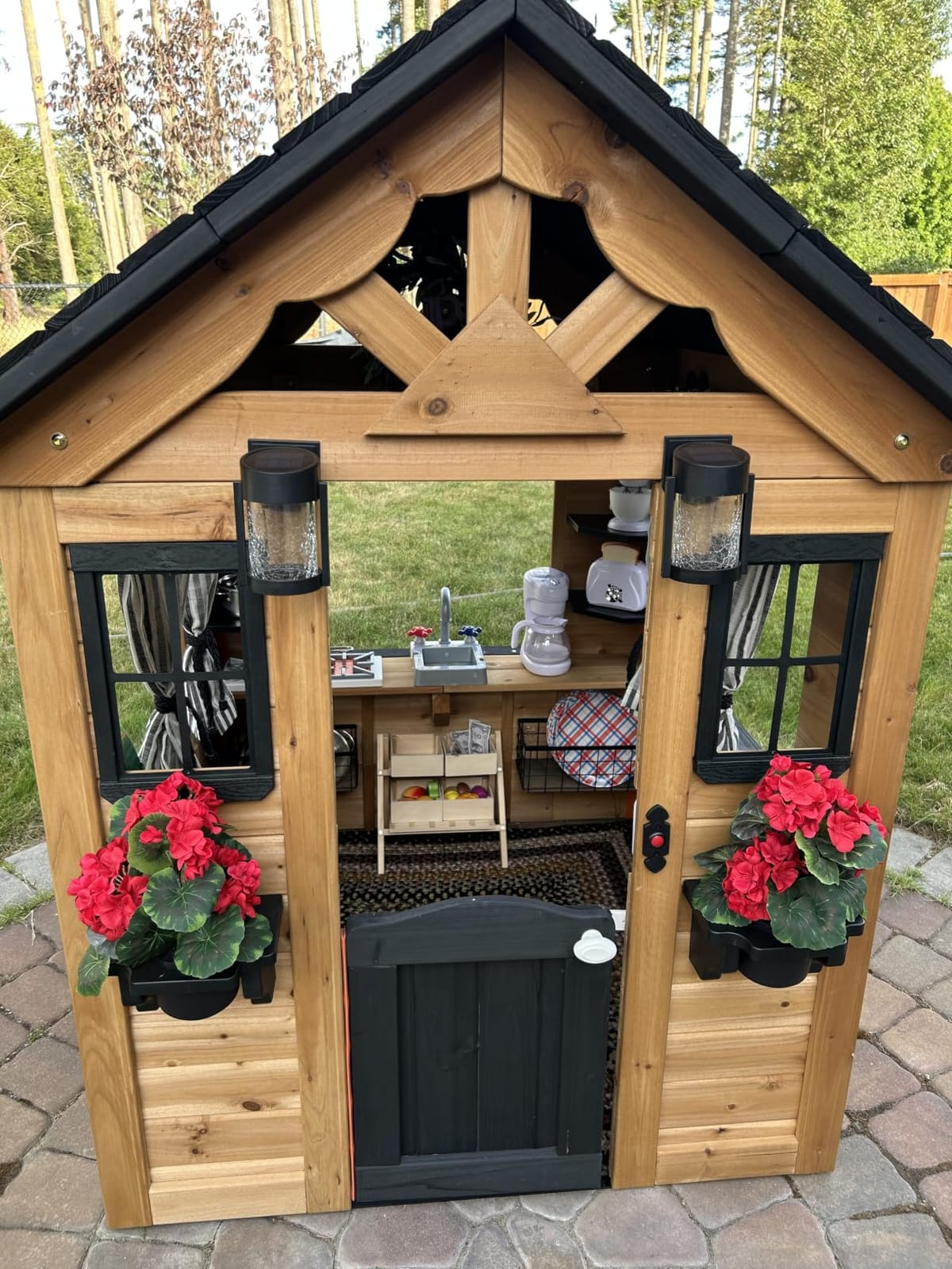 Backyard Discovery Sweetwater White Cedar Wooden Kids Playhouse Cottage with Play Kitchen, Snack Bar, Half Door, Toy Phone, Windows, Flowerpot Holders, Working Doorbell for Outdoor Imaginative Play customer photo 1