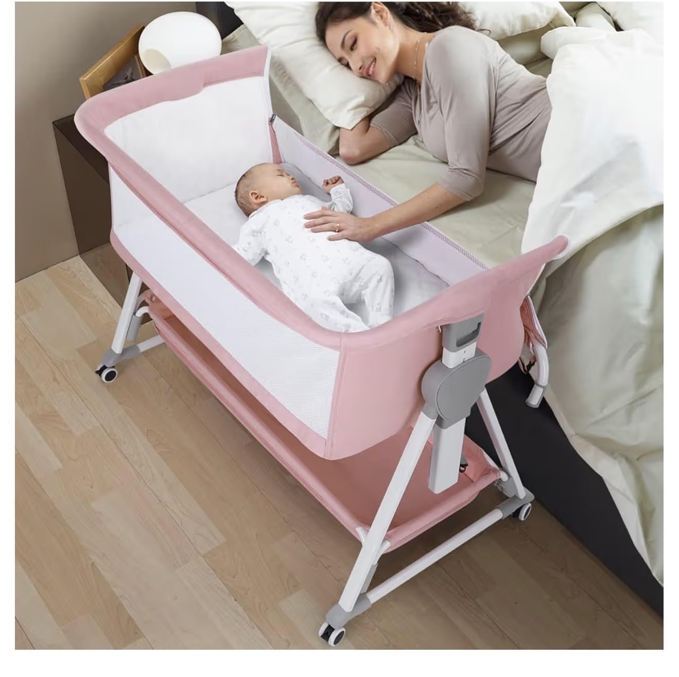 Cowiewie Bassinet Bedside Sleeper, Baby Bassinet with 7 Adjustable Height, Bedside Bassinet for Baby with Storage, Breathable Mesh & Mattress, Portable Bassinet Easy Folding (Pyramid Light Gray) customer photo 2