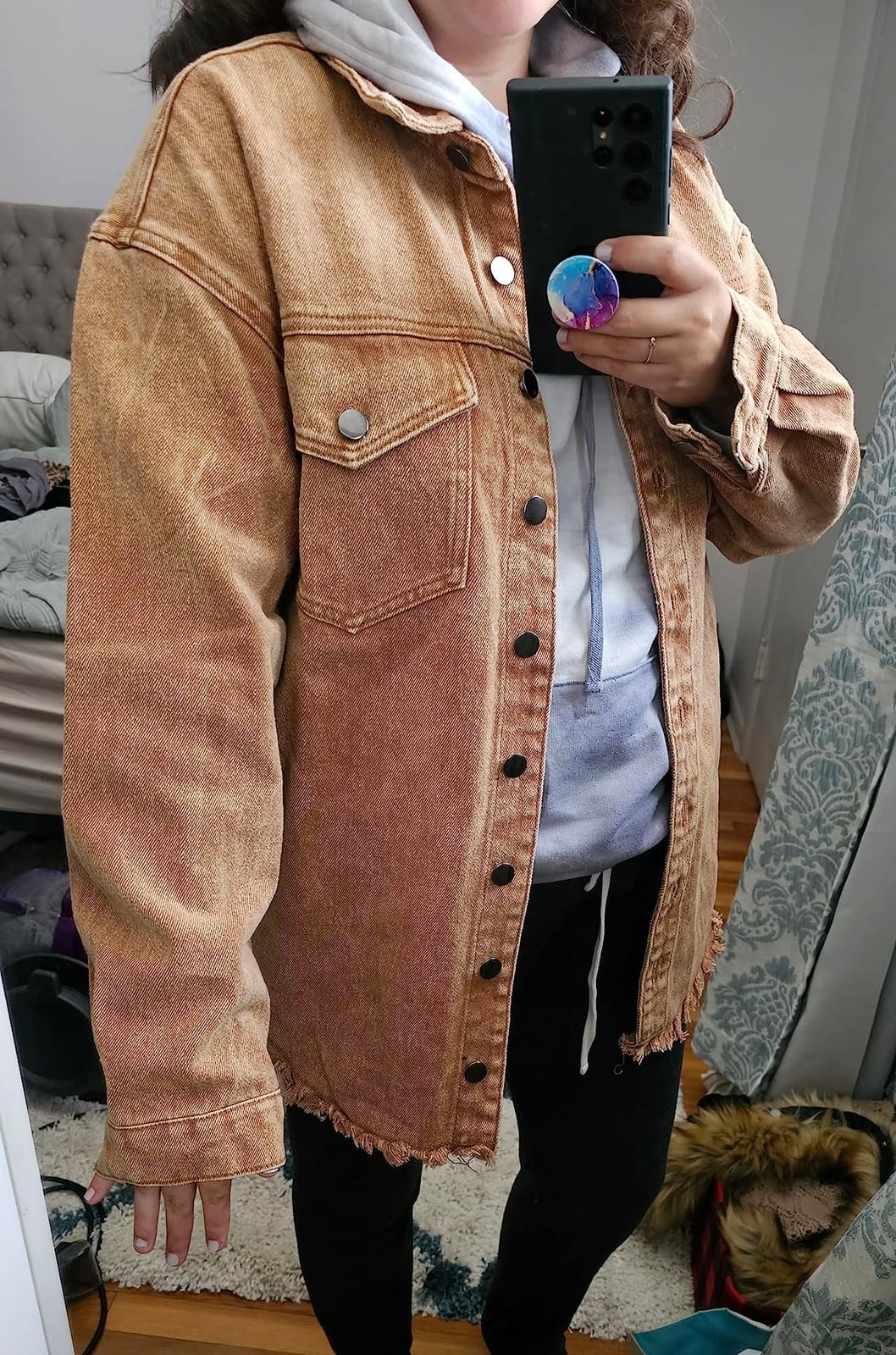 Women's Oversized Button Up Frayed Hem Denim Shacket Jean Jacket customer photo 1