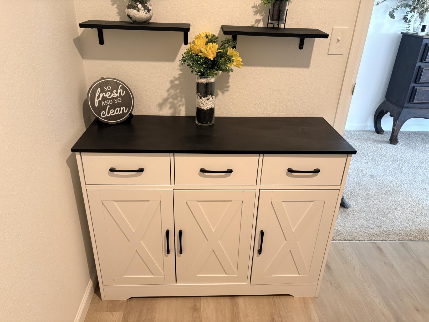 HOSTACK Kitchen Buffet Cabinet with Storage, Sideboard Coffee Bar, White | Farmhouse Kitchen Storage Cabinet with 3 Drawers & Adjustable Shelf, 42.5