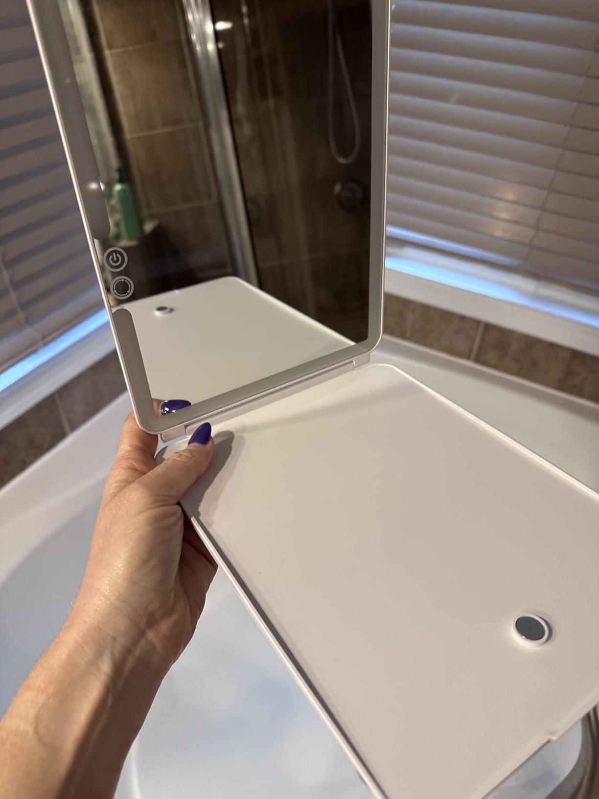 FUNTOUCH 2500mAh Rechargeable Large Travel Makeup Mirror with Lights | 10x7.5 Portable Lighted Makeup Mirror with 3 Color Lights, Dimming Folding Light Up Travel Mirrors with 10X Magnifying Mirror customer photo 1