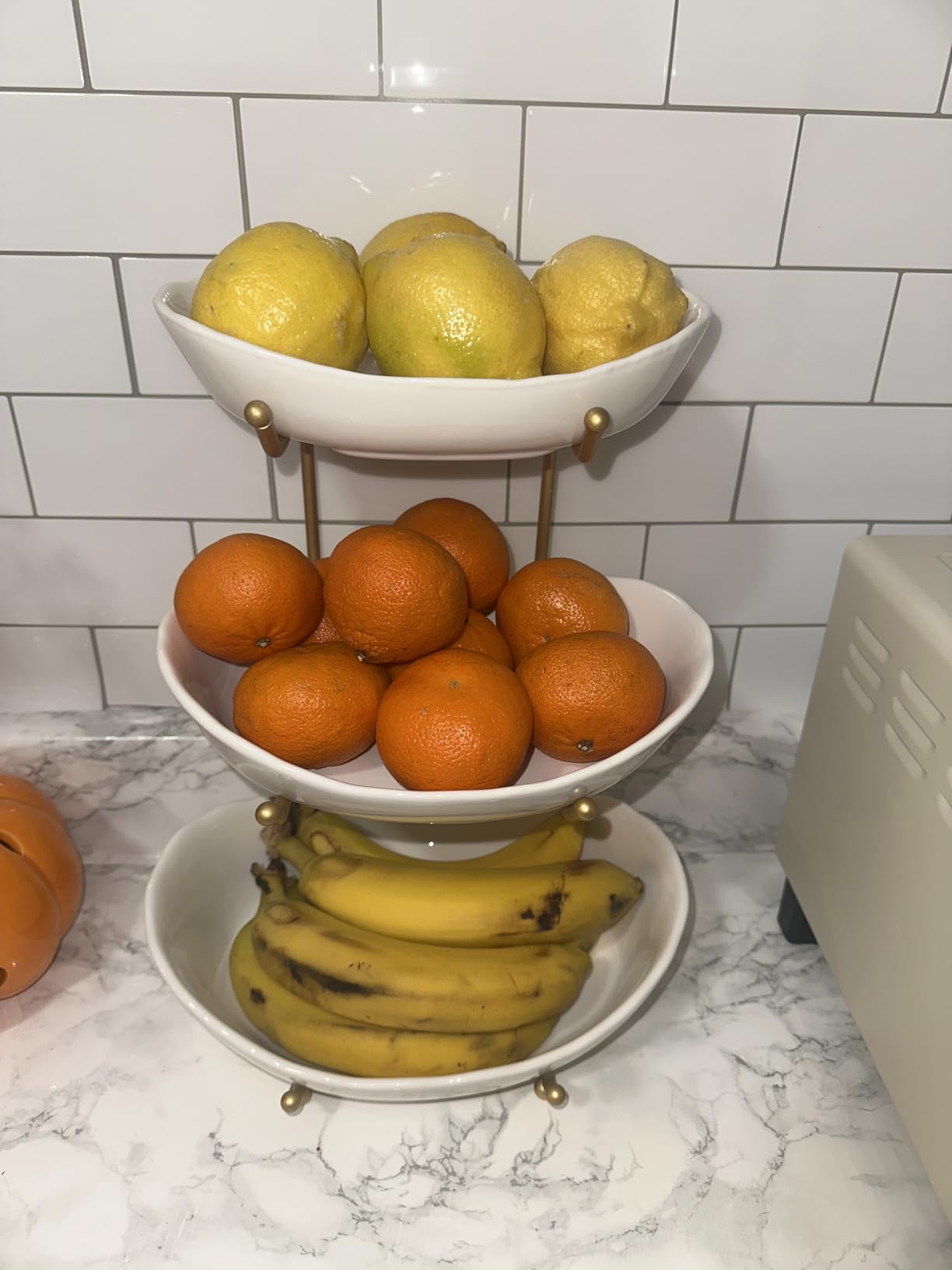 3 Tier Fruit Basket, Ceramic Fruit Bowl for Kitchen Counter | Fruit Holder for Kitchen, with Metal Stand, No Installation Required, Save Space, Easy to Clean, Modern, Gold, Small customer photo 1