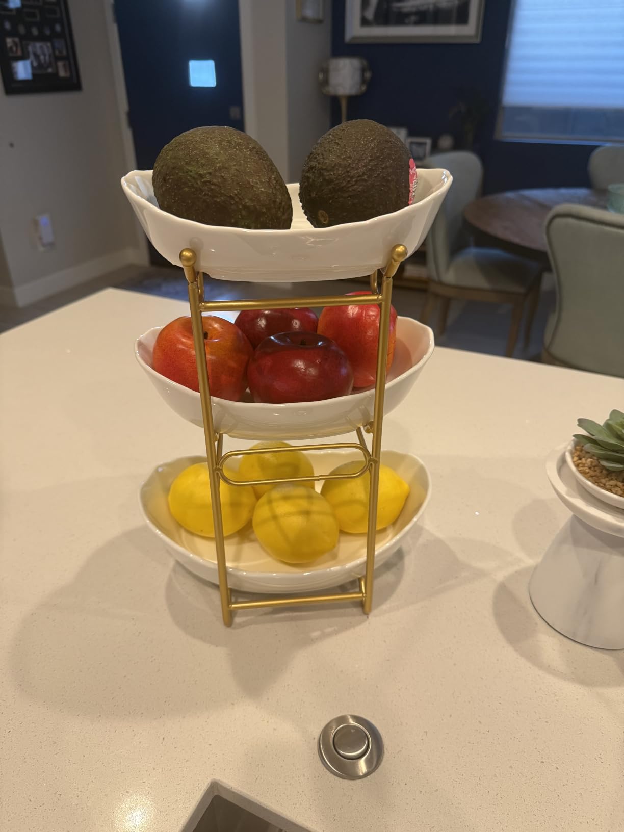 3 Tier Fruit Basket, Ceramic Fruit Bowl for Kitchen Counter | Fruit Holder for Kitchen, with Metal Stand, No Installation Required, Save Space, Easy to Clean, Modern, Gold, Small customer photo 2