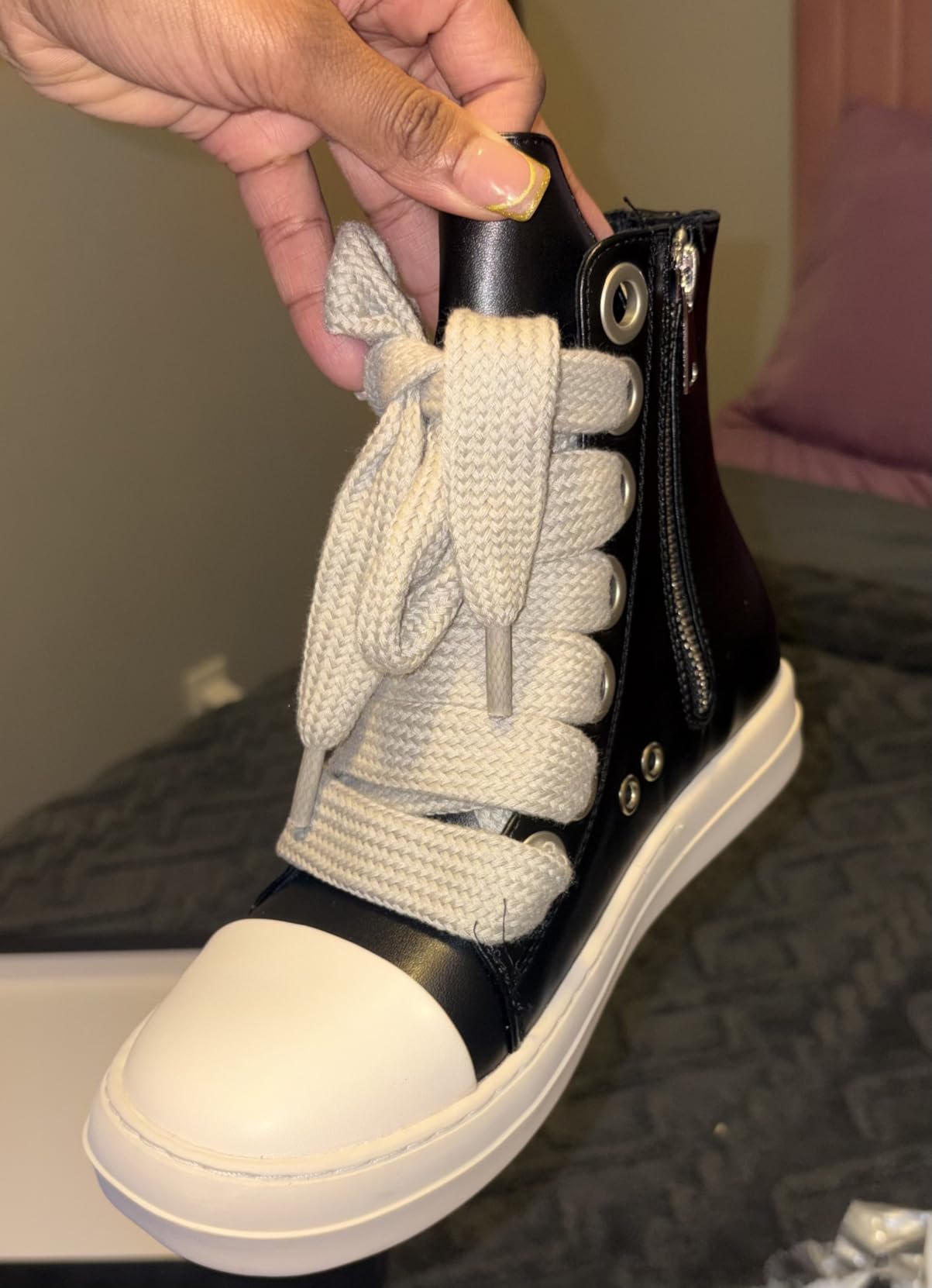 MOFEEDOUKA Womens High Top Sneakers Thick Shoe Laces PU Leather Comfort Platform Walking Shoes with Zipper customer photo 2