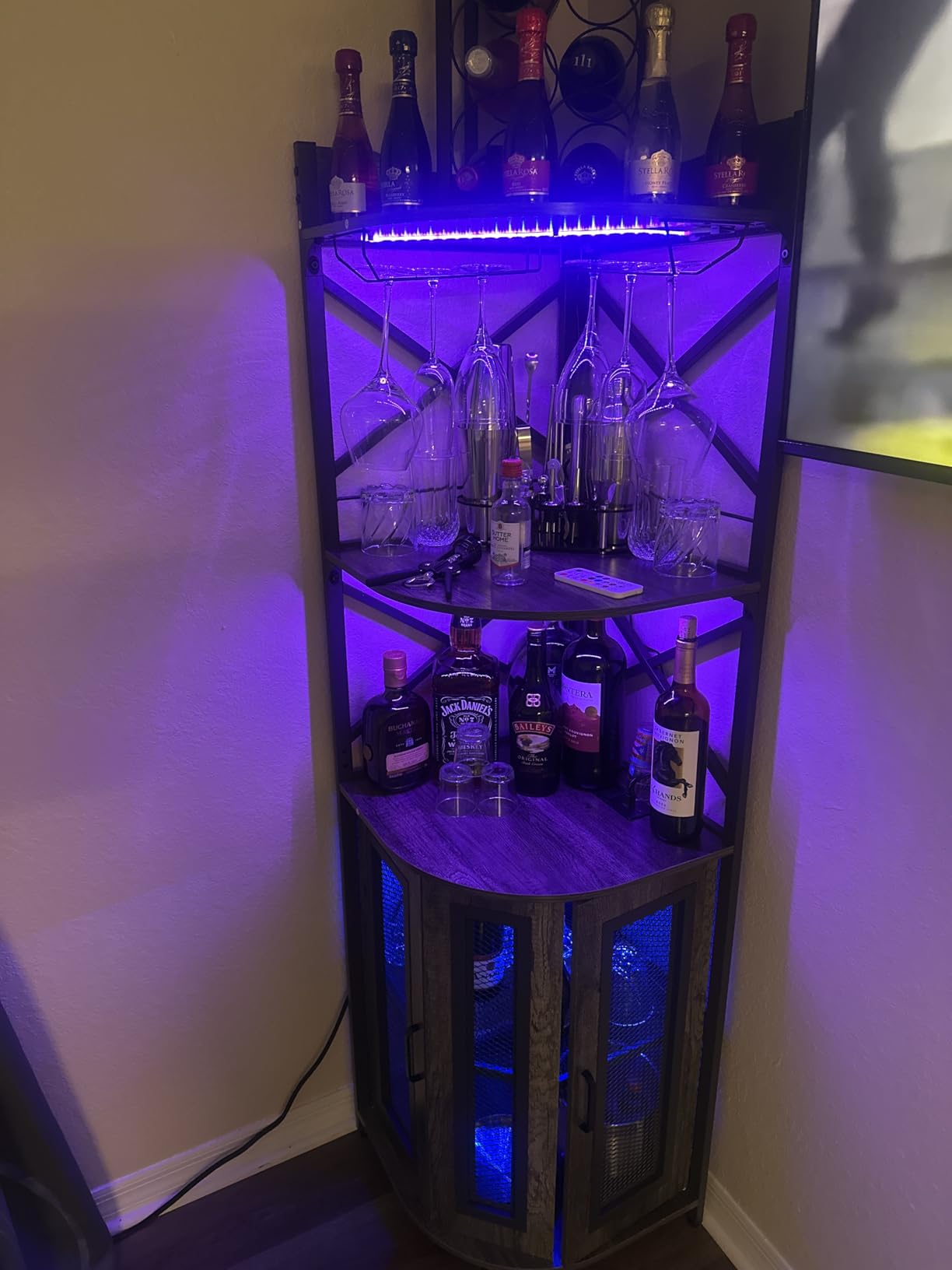 Aheaplus Corner Bar Cabinet with Power Outlet, Industrial Liquor Cabinet | 5-Tiers Wine Cabinet Mini Bar with LED Strip and Glass Holder for Home, Corner Display Cabinet for Small Space, Rustic Brown customer photo 1
