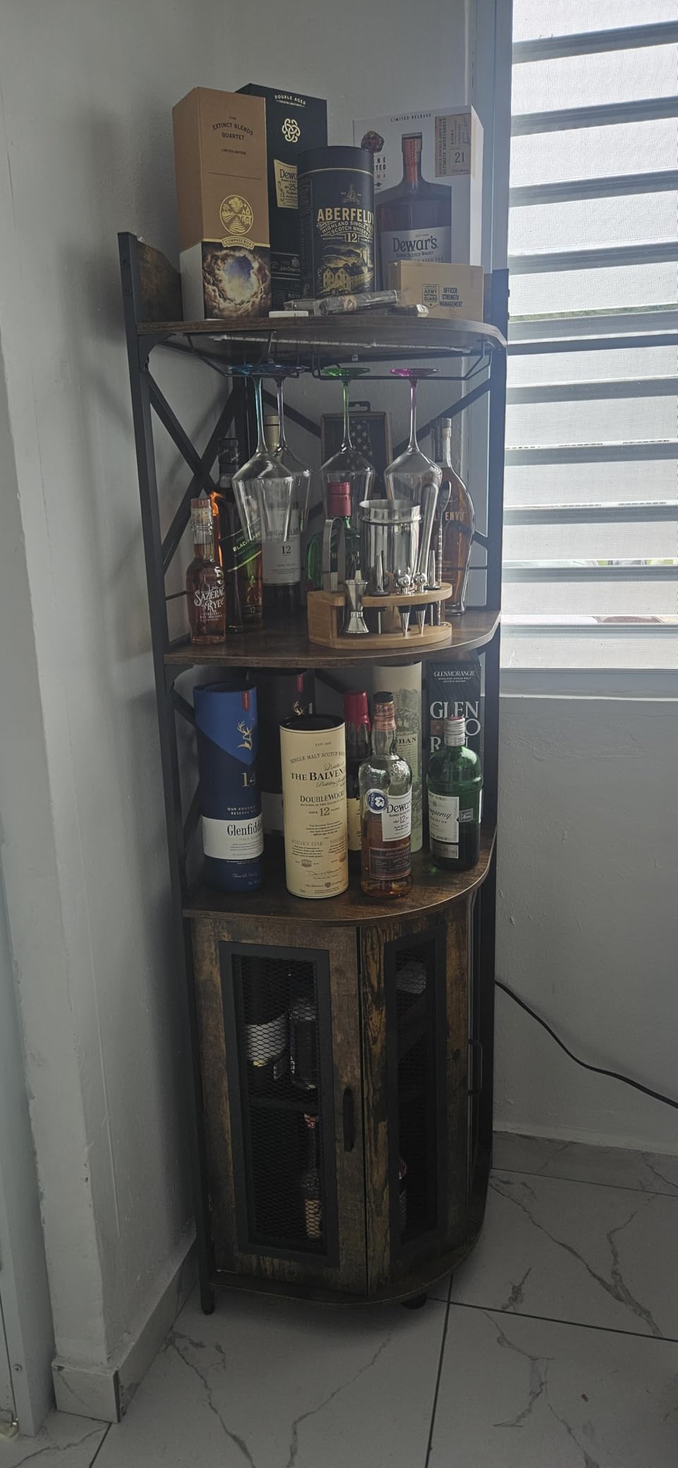 Aheaplus Corner Bar Cabinet with Power Outlet, Industrial Liquor Cabinet | 5-Tiers Wine Cabinet Mini Bar with LED Strip and Glass Holder for Home, Corner Display Cabinet for Small Space, Rustic Brown customer photo 2