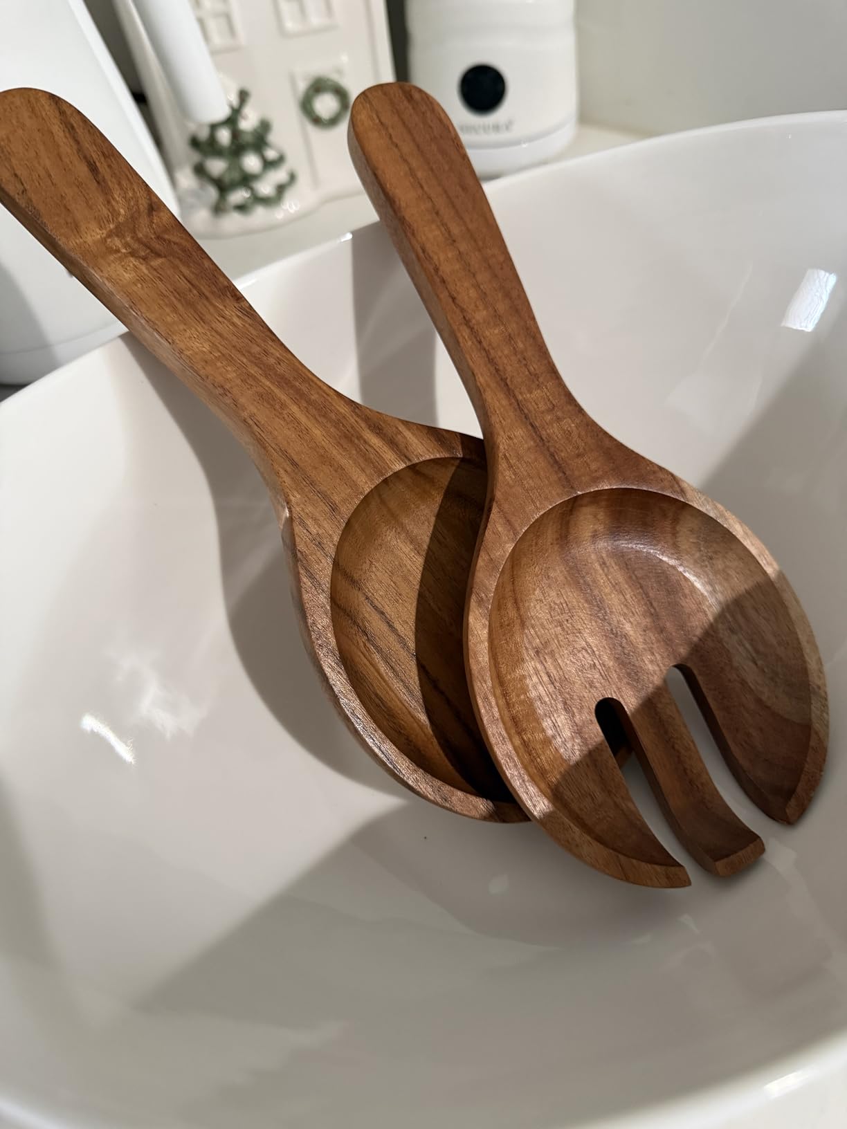 KITEISCAT Extra Large Elegant Ceramic Oval Salad Bowl Set with Premium Acacia Wood Salad Serving Utensils customer photo 1