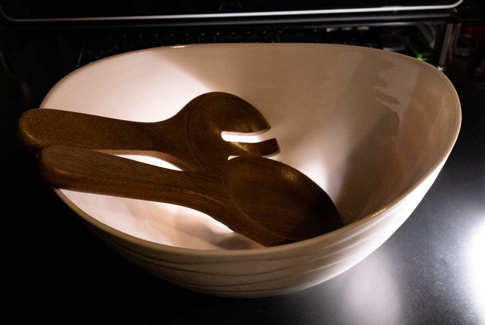 KITEISCAT Extra Large Elegant Ceramic Oval Salad Bowl Set with Premium Acacia Wood Salad Serving Utensils customer photo 2