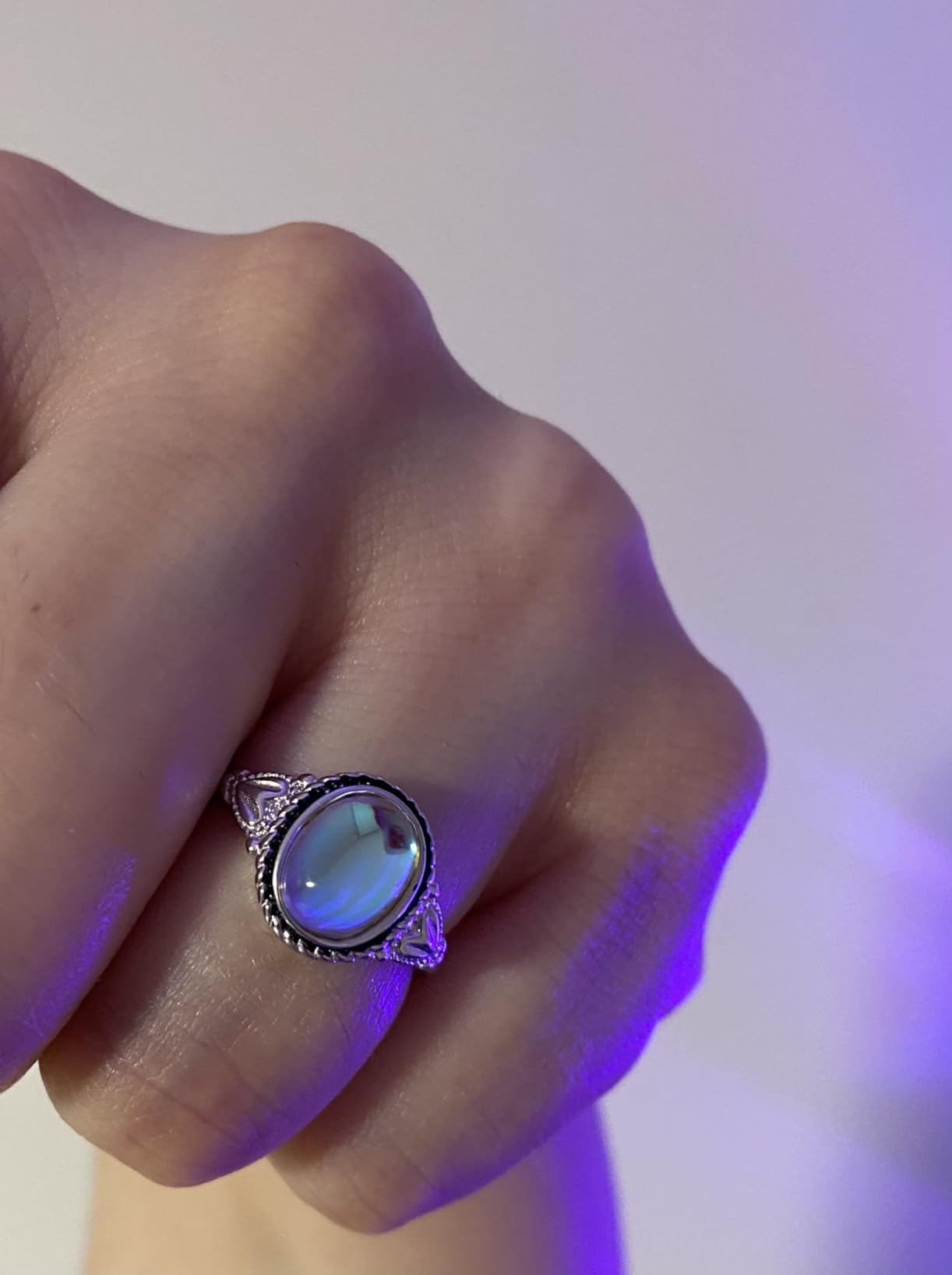 Sterling Silver Moonstone Mood Ring - Vintage Handmade Victorian Oval Solitaire - 18K White Gold Plated Color Change Ring for Women customer photo 1