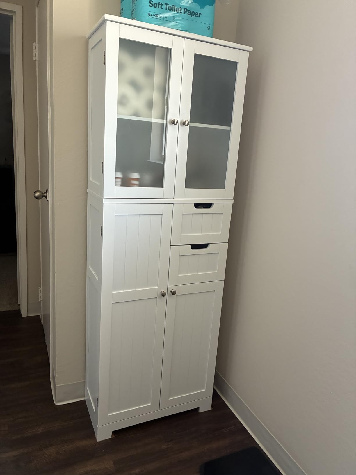 BOTLOG 67'' Tall Bathroom Storage Cabinet, Linen Cabinet with Glass Doors and Adjustable Shelves, Kitchen Pantry with 2 Drawers for Bathroom, Living Room, Dining Room, White customer photo 1