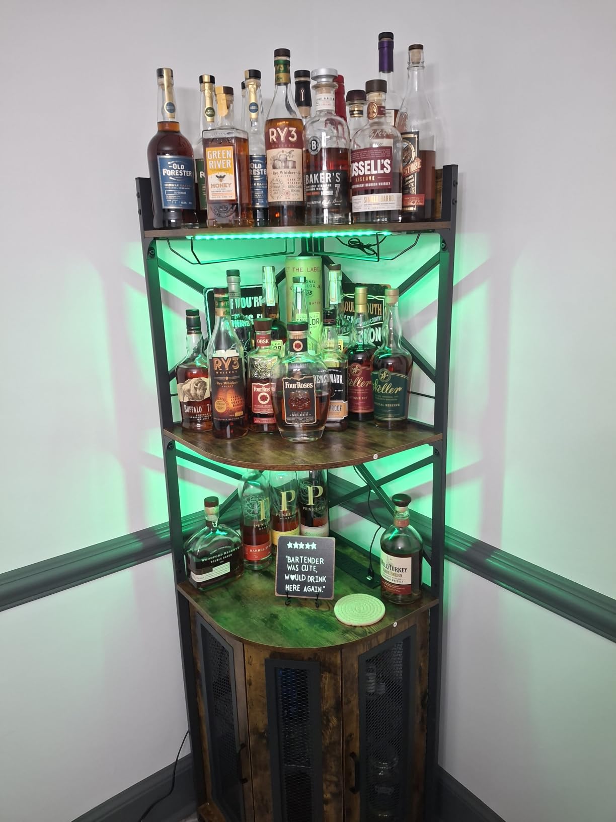 Aheaplus Corner Bar Cabinet with Power Outlet, Industrial Liquor Cabinet | 5-Tiers Wine Cabinet Mini Bar Unit with LED Strip and Glass Holder for Home, Corner Display Cabinet for Small Space, Black customer photo 2