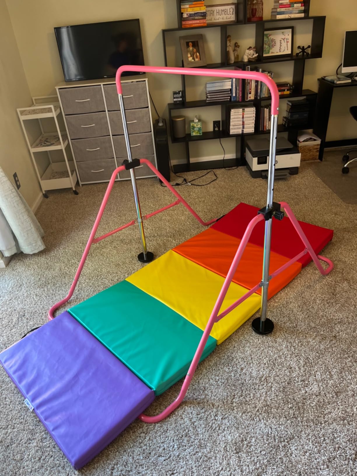 Sportsroyals Gymnastics Bar for Kids, Adjustable Height Gymnastic Horizontal Bars, Folding Gymnastic Junior Training Kip Bar for Home, Pink customer photo 1