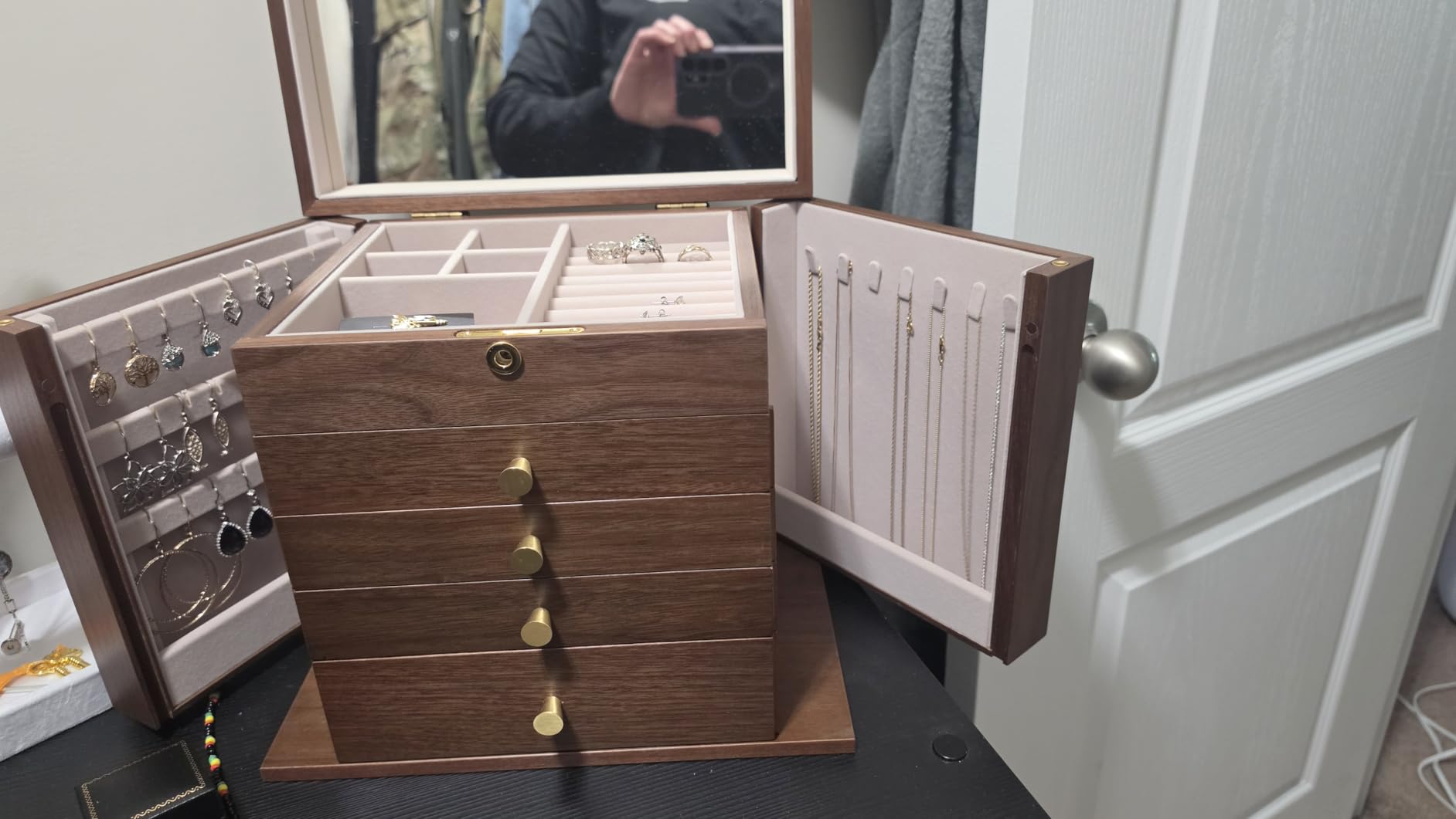 Homruilink Black Walnut Wooden Jewelry Box for Women, 5 Layer | Lockable Large Wood Jewelry Organizer with 2 Side Doors & Mirror, Classical Style, For Earrings Necklace Rings, Gift customer photo 2