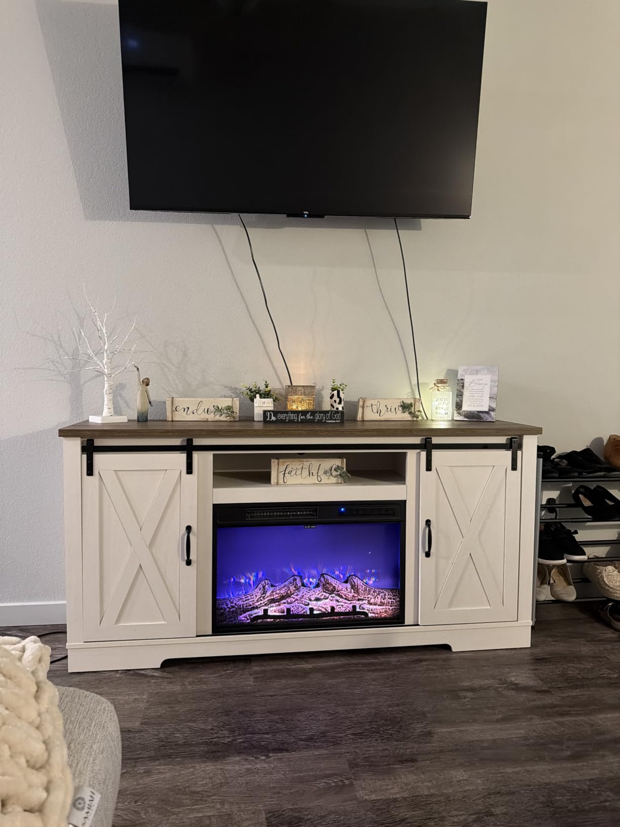 AMERLIFE Fireplace TV Stand with Sliding Barn Door for TVs up to 75