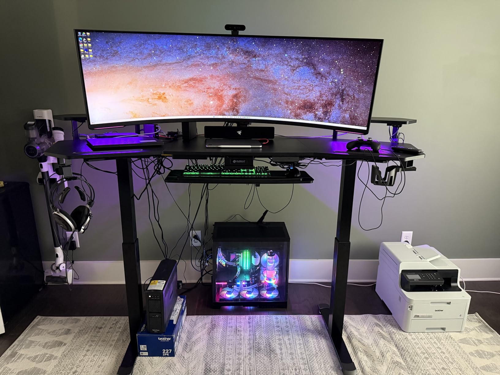 EUREKA ERGONOMIC Standing Desk with Keyboard Tray, Large Music Studio Gaming Desk, Wing Shaped Sit Stand Table 72'', LED Convertible Shelves, Dual Motor&Slot, Maple customer photo 1