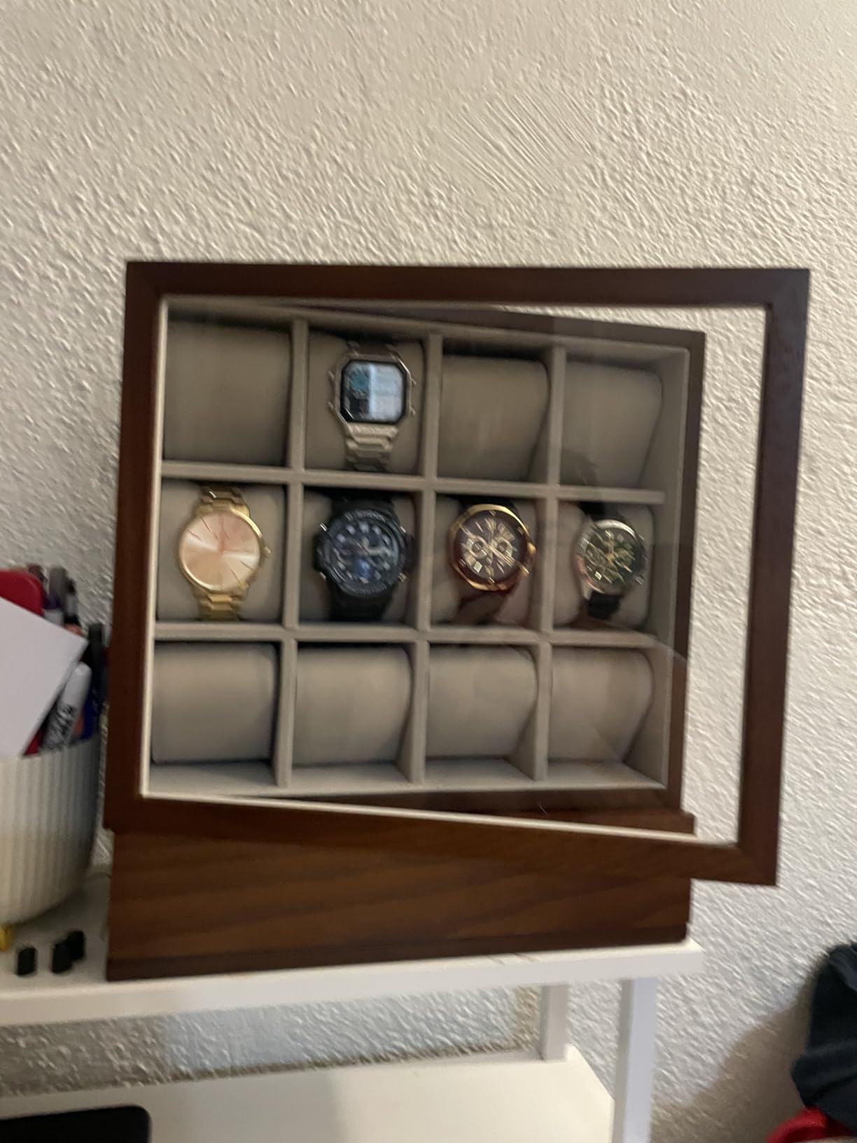 SONGMICS 12 Watch Display Case, Watch Box with Hidden Storage | Vertical Jewelry Box, MDF and Wood Veneer, 11.6 x 5.9 x 12.9 Inches, Gift Idea, Black and Gray, ANICIA Collection UJOW014B01 customer photo 2