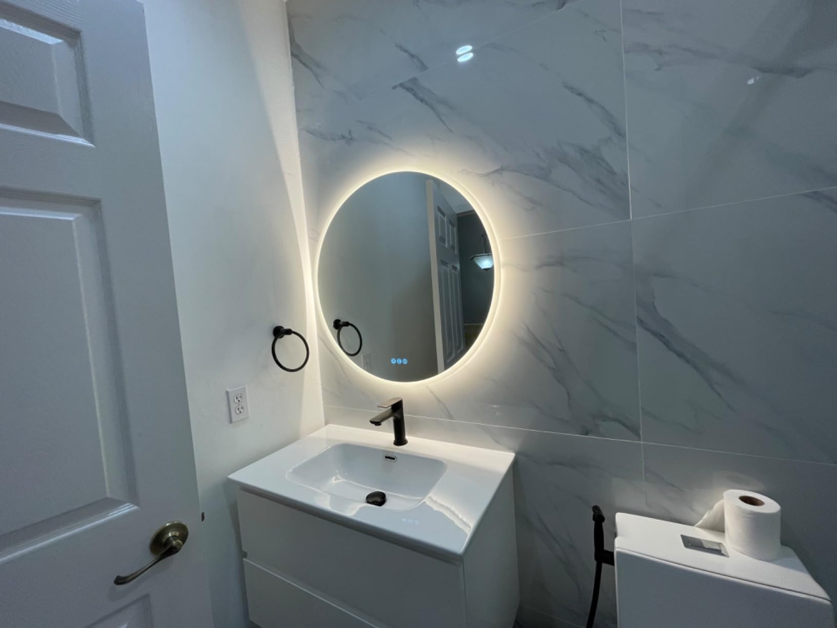 S·BAGNO 30 Round Led Bathroom Mirror with Lights, Wall-Mounted Vanity Mirror, 3000K/4000K/6500K, Inside Bluetooth Speaker Anti-Fog Dimmable Smart Mirror customer photo 1