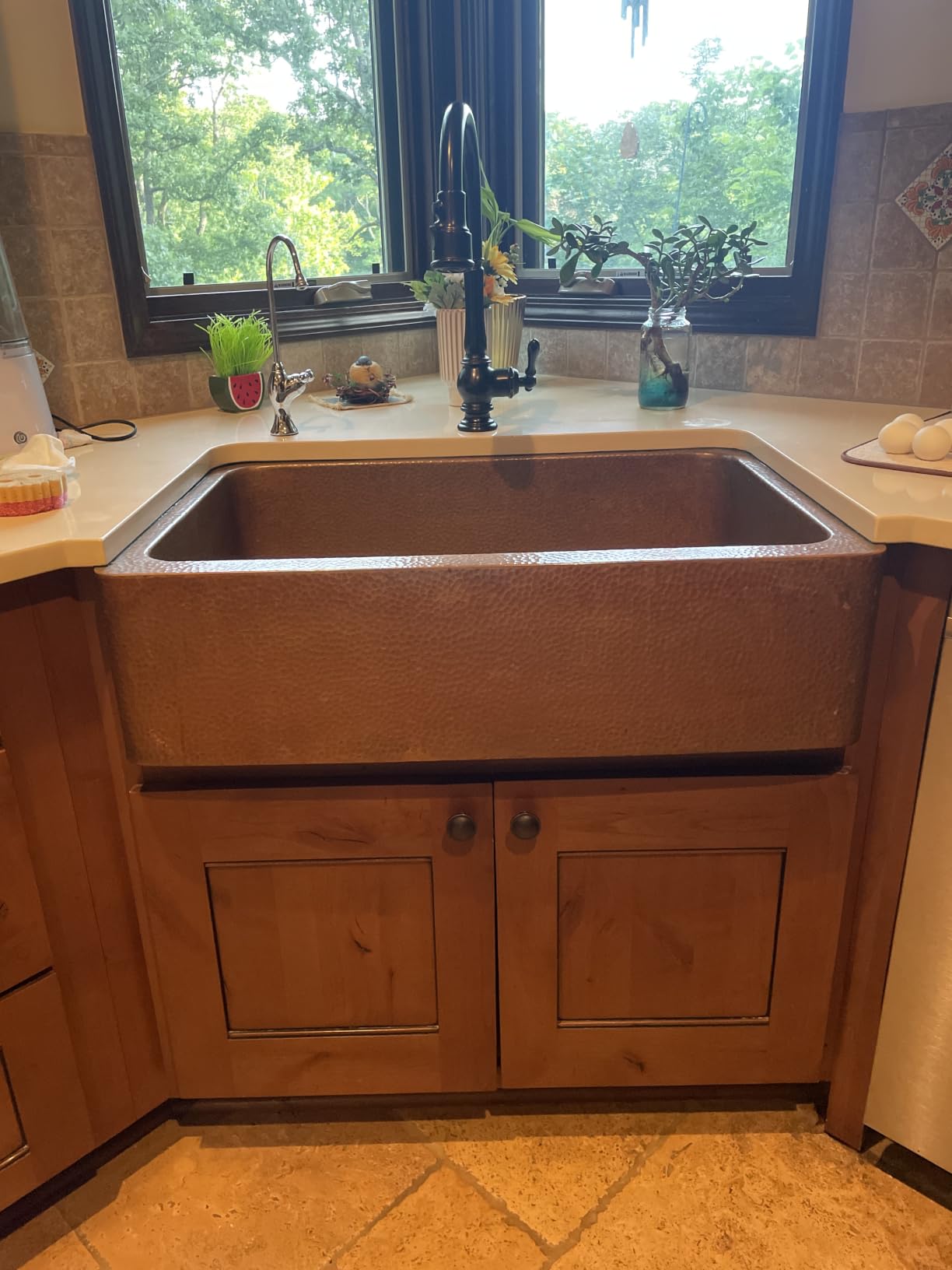 Sinkology Lange 32 in Copper Farmhouse Sink, Apron Front Single Bowl | Hand-hammered 17-gauge solid copper, antique copper patina, fits 36 in cabinet, undermount apron install customer photo 2