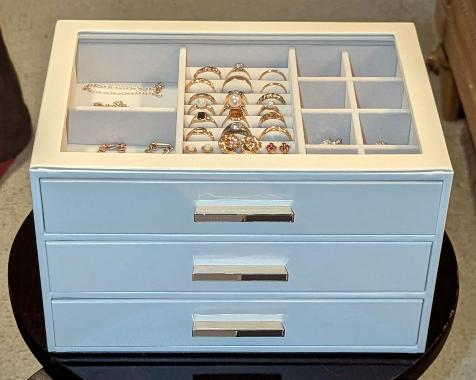 VLANDO Jewelry Box Organizer, 3-Layer Storage Drawers, Glass Window, Modern | Stylish Color-Blocked Design Metal Handle, Jewelry Storage Organizer for Rings, Earrings, Bracelets, Gift for Women Girls customer photo 2