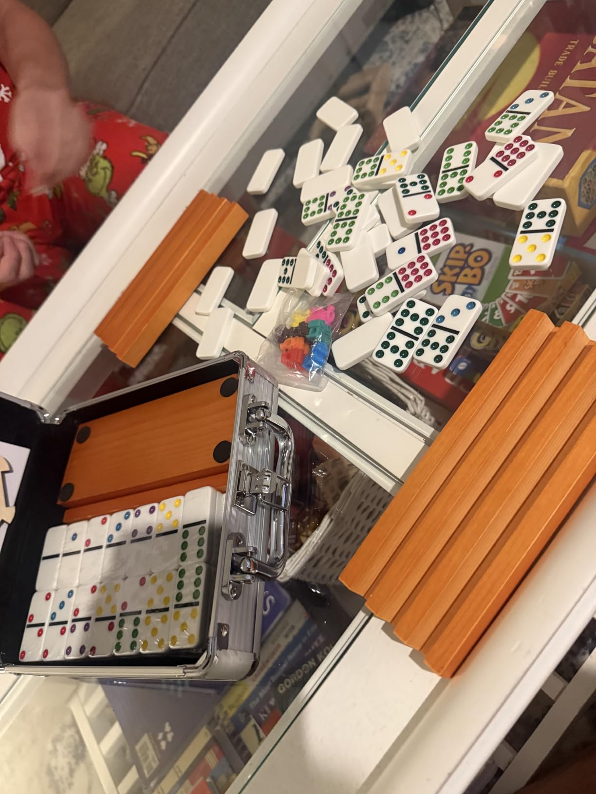 Mexican Train Dominoes Set with 4 Holders - Dominoes Double 12 with Wooden Hub and Tiles Holders - Double 12 Dominos Set for Family Game Night for Adults and Kids Ages 8 and up customer photo 1