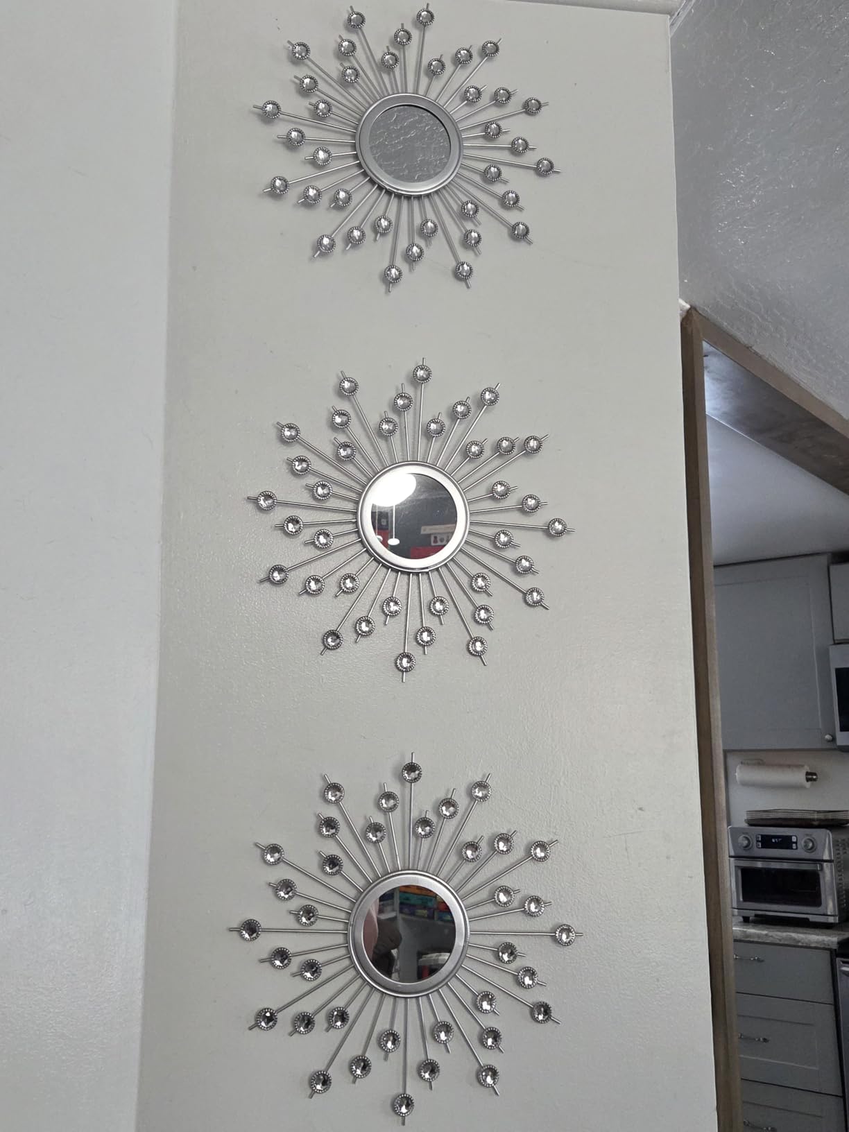 Uaussi 3 Pack Crystal Sunburst Wall Mirror Décor Rhinestone Mirrors Decorative Home Wall Art for Living Room Bedroom Entryway(Flower+Sunburst Gold) customer photo 1